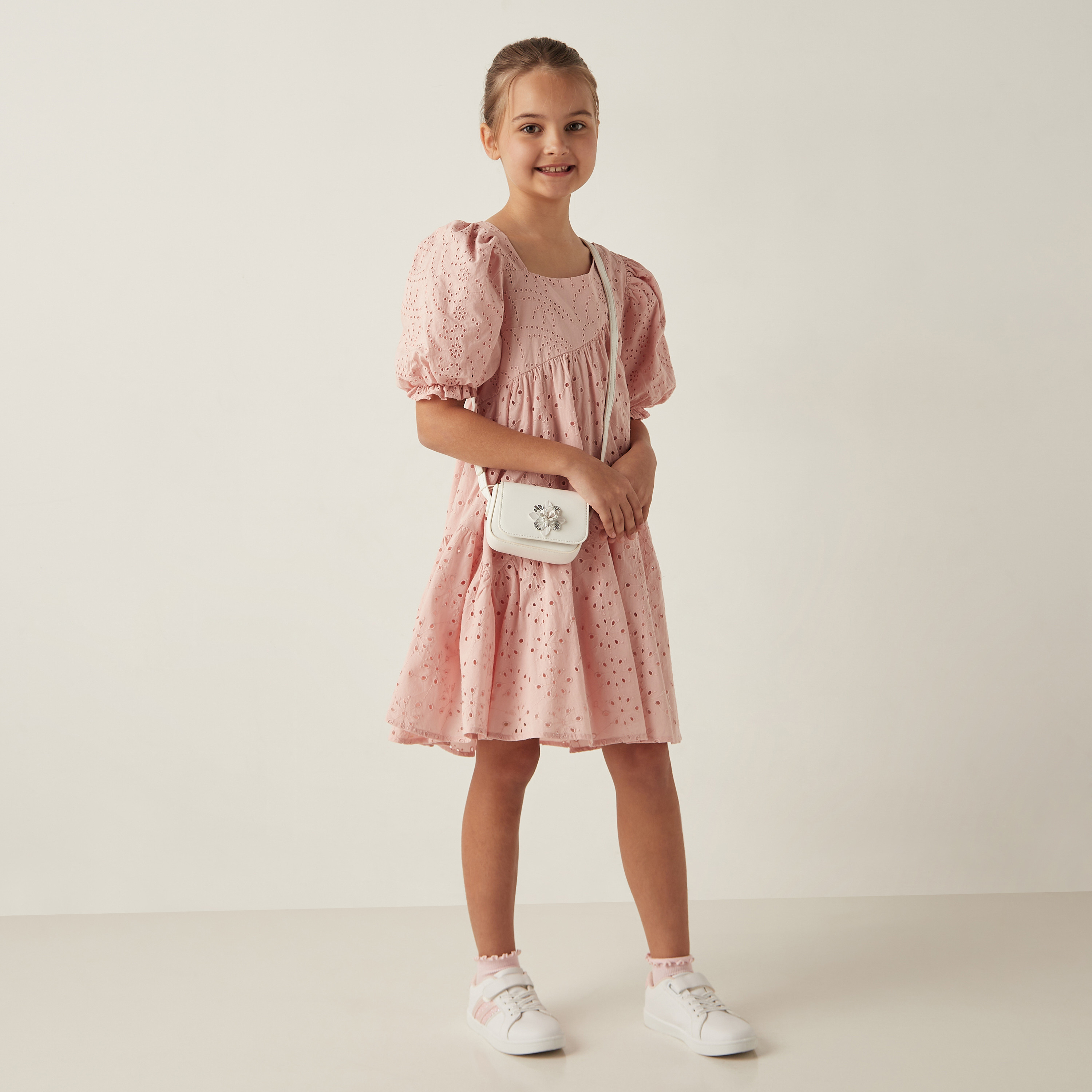 Eligo Schiffli Textured A-line Dress with Puff Sleeves-girls-clothing-dressesandjumpsuits-image-2