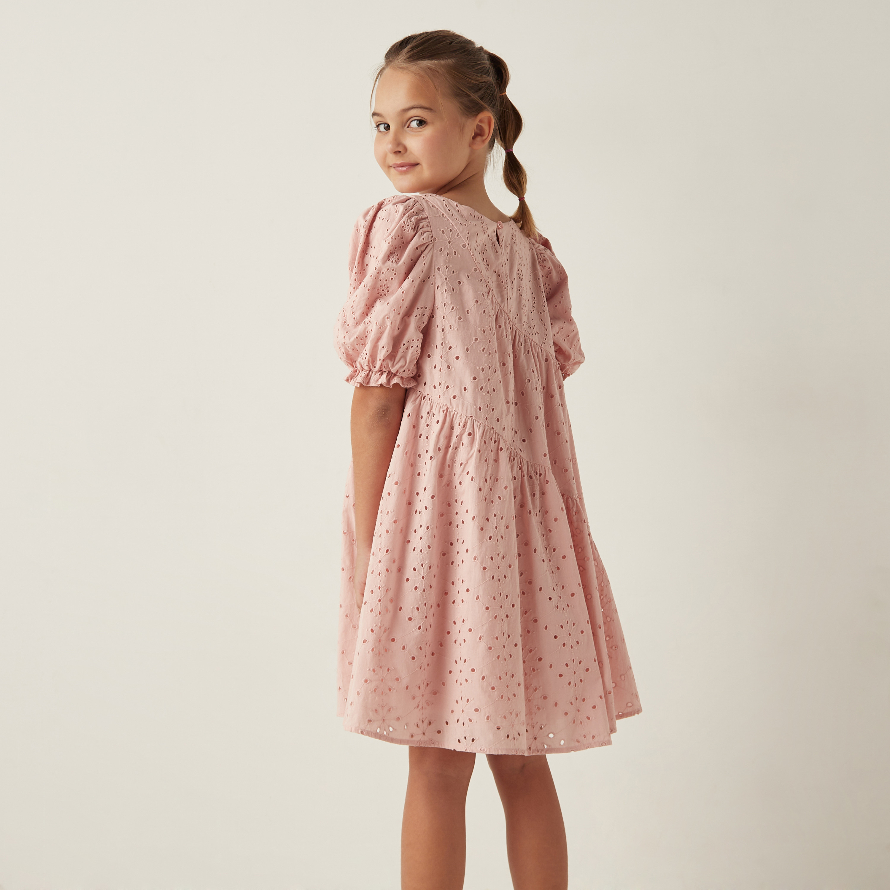 Eligo Schiffli Textured A-line Dress with Puff Sleeves-girls-clothing-dressesandjumpsuits-image-3