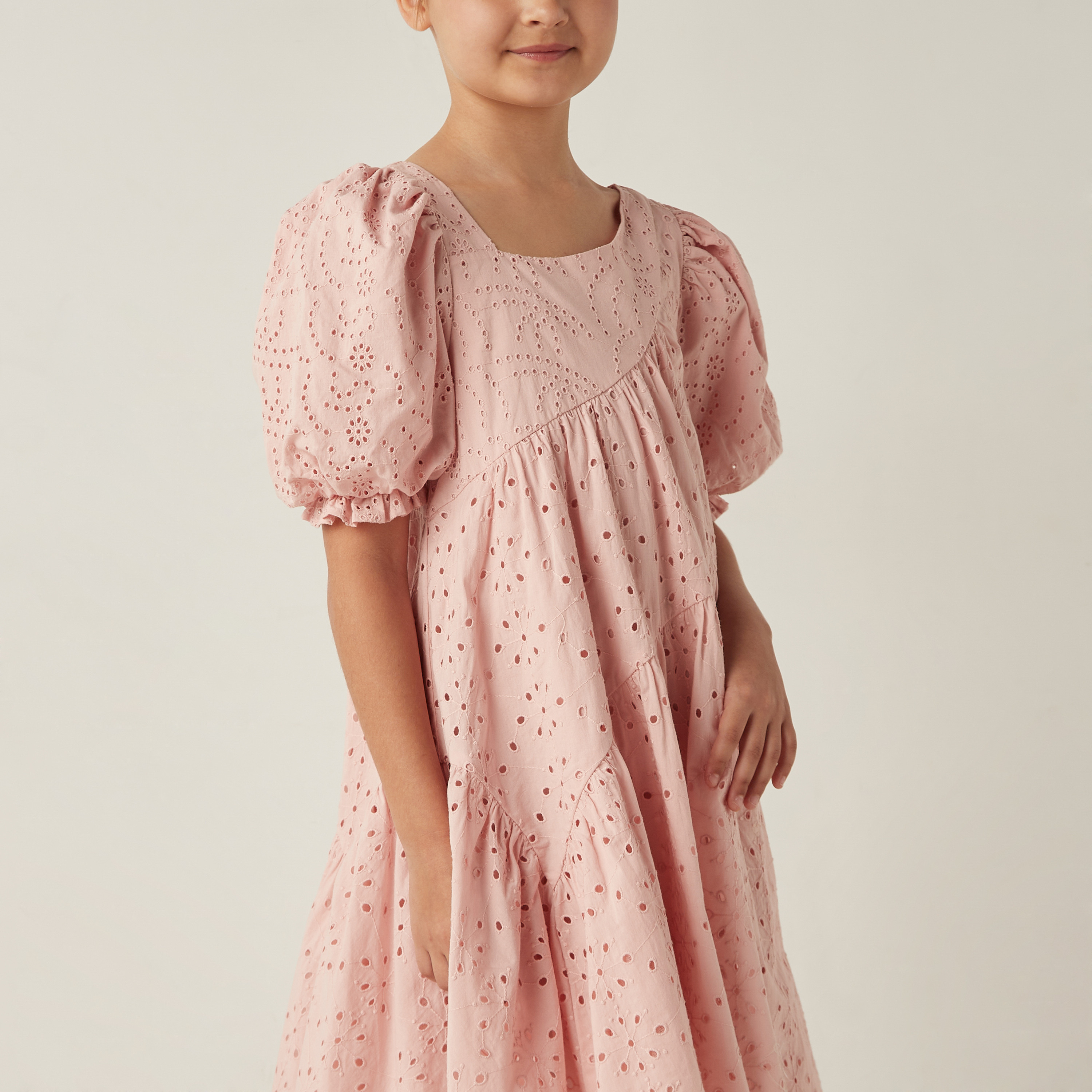 Eligo Schiffli Textured A-line Dress with Puff Sleeves-girls-clothing-dressesandjumpsuits-image-4