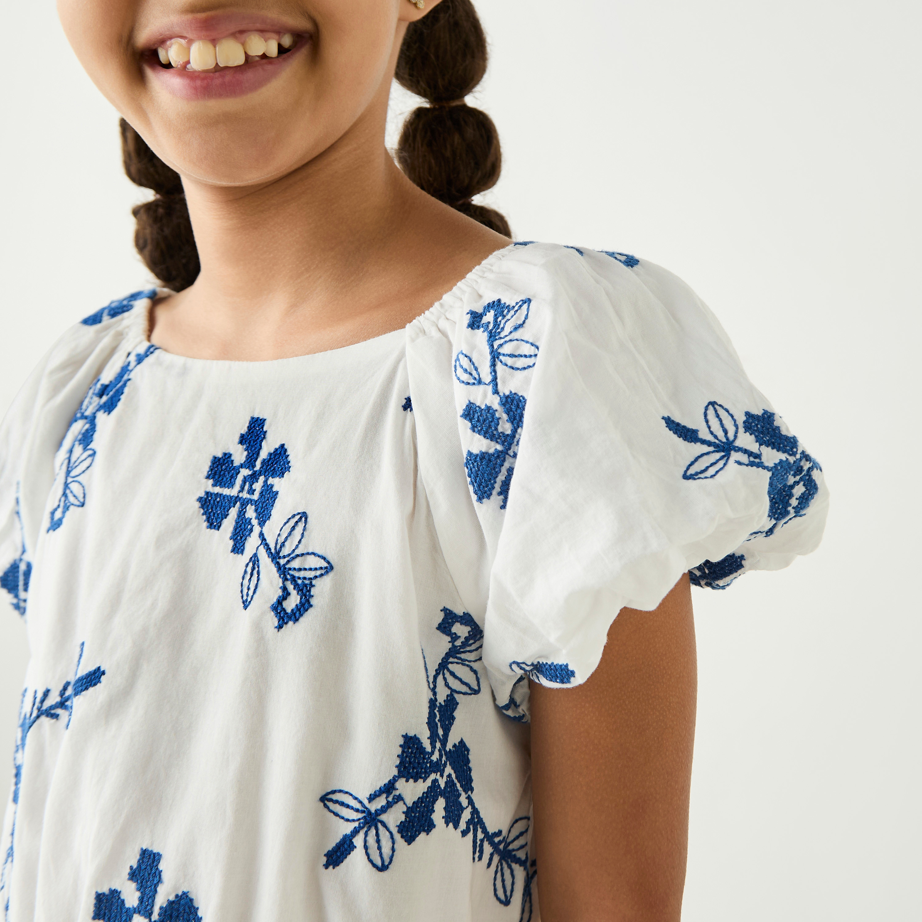 فستان إيه لاين مطرز بأكمام منفوخة وتطريز زهري من إليجو-girls-clothing-dressesandjumpsuits-image-4