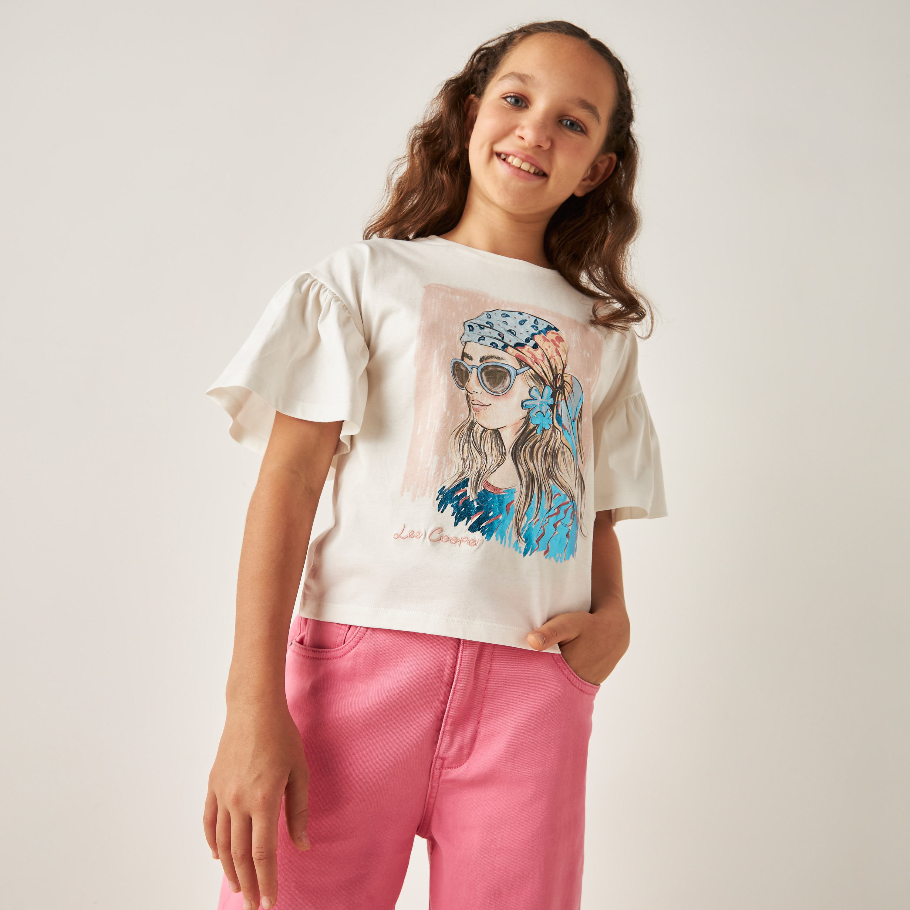 تيشيرت بأكمام لامعة وطبعات جرافيك من لي كوبر-girls-clothing-tshirts-image-1