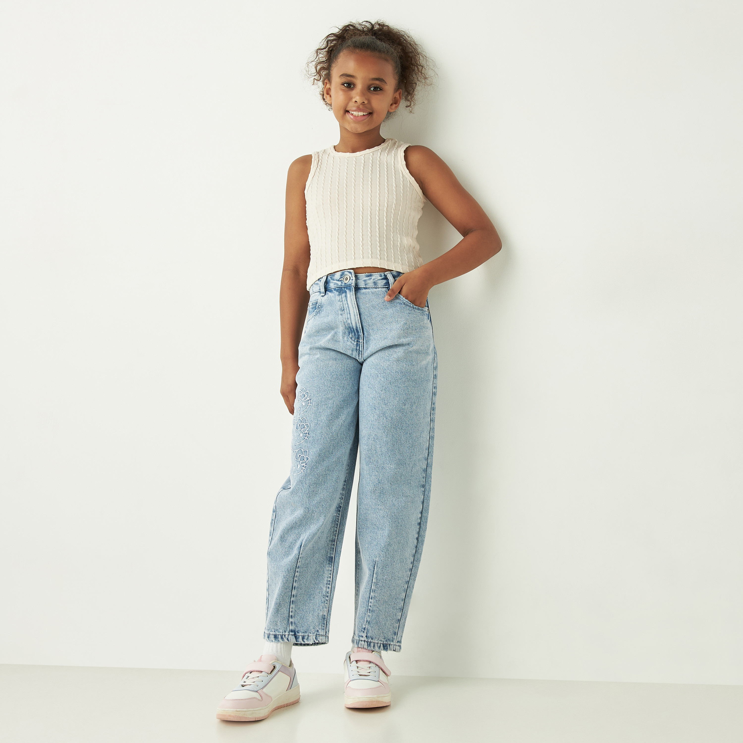 Sanrio Hello Kitty Detail Jeans with Button Closure and Pockets-girls-clothing-bottoms-trousers-image-2