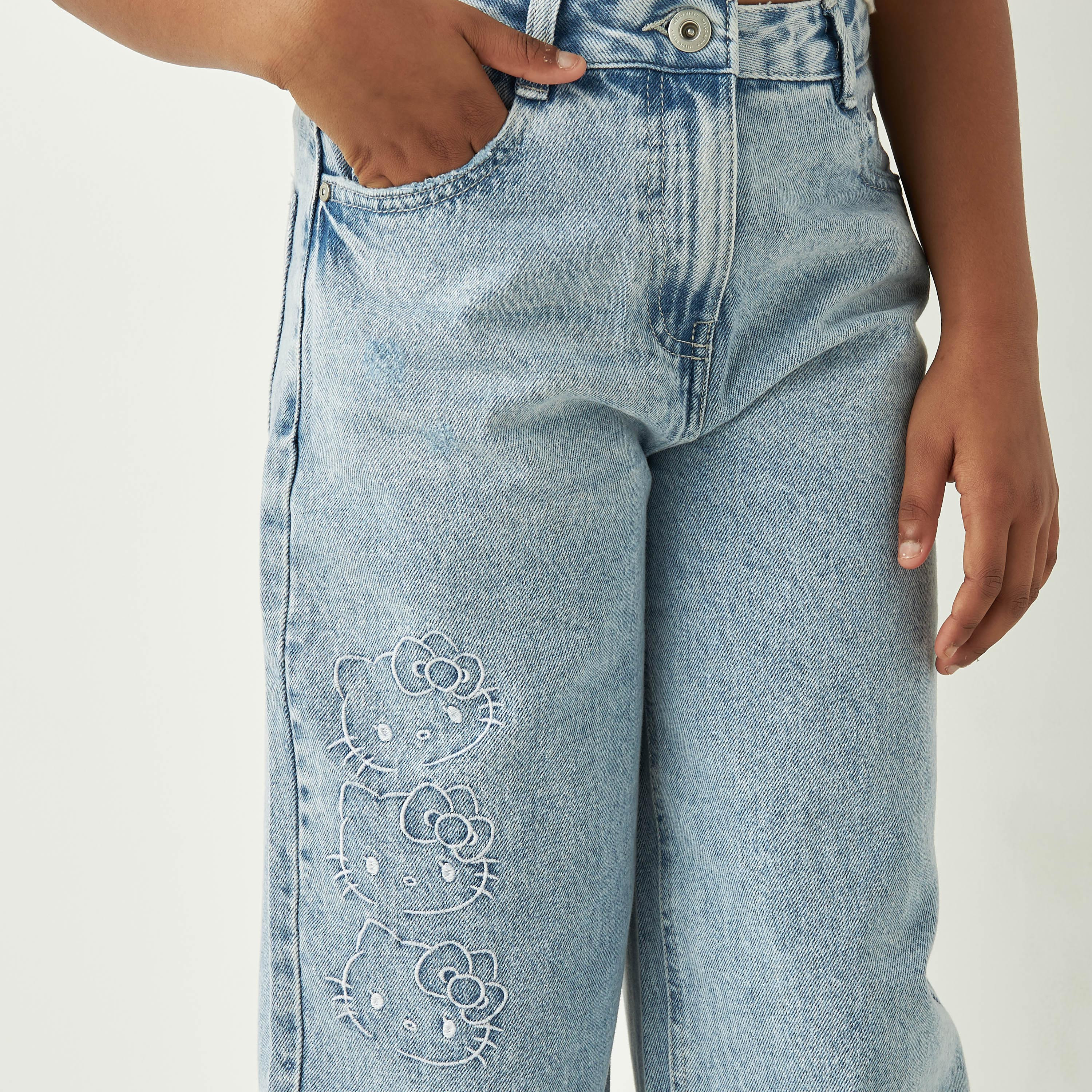 Sanrio Hello Kitty Detail Jeans with Button Closure and Pockets-girls-clothing-bottoms-trousers-image-4