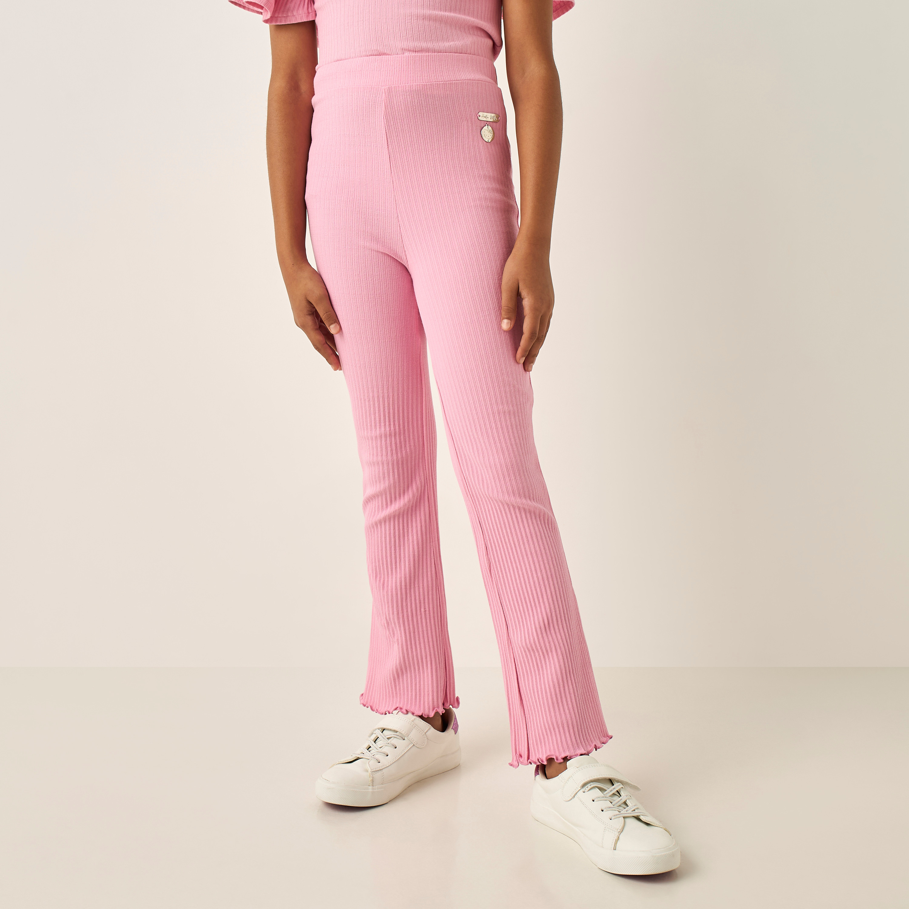 Sanrio Hello Kitty Applique Flared Leggings with Lettuce Hem and Elasticated Waistband-girls-clothing-bottoms-leggings-image-1