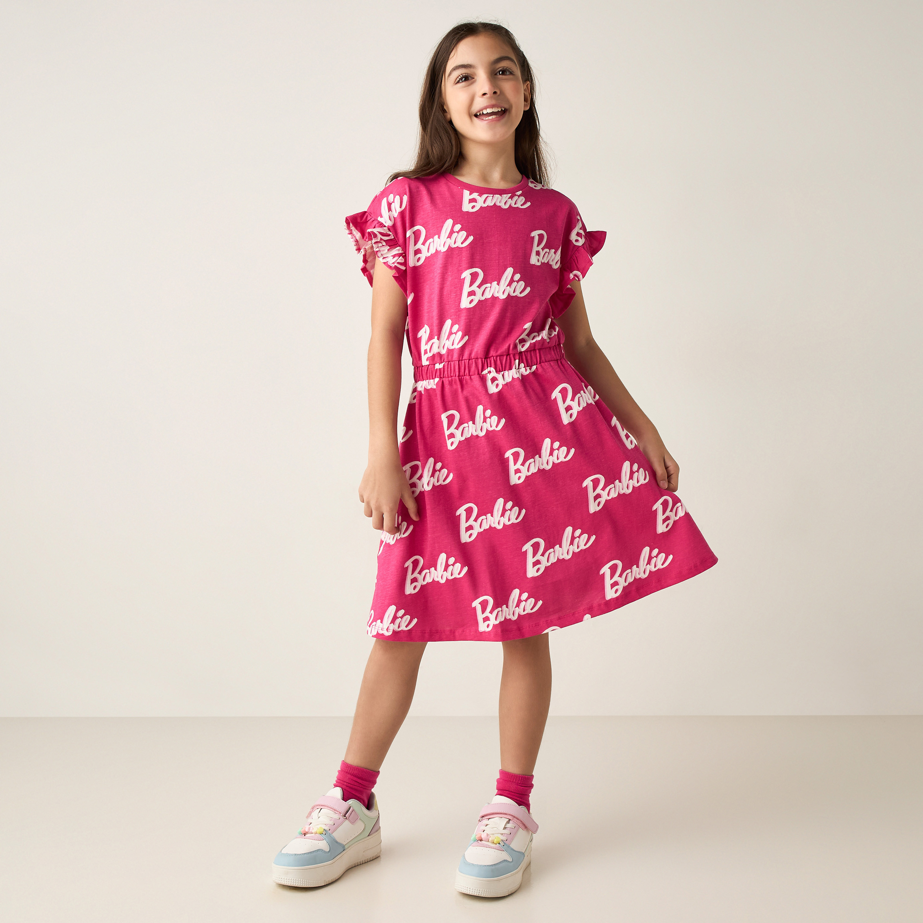 Buy All-Over Barbie Print Knit Dress with Long Sleeves Online | Babyshop KSA