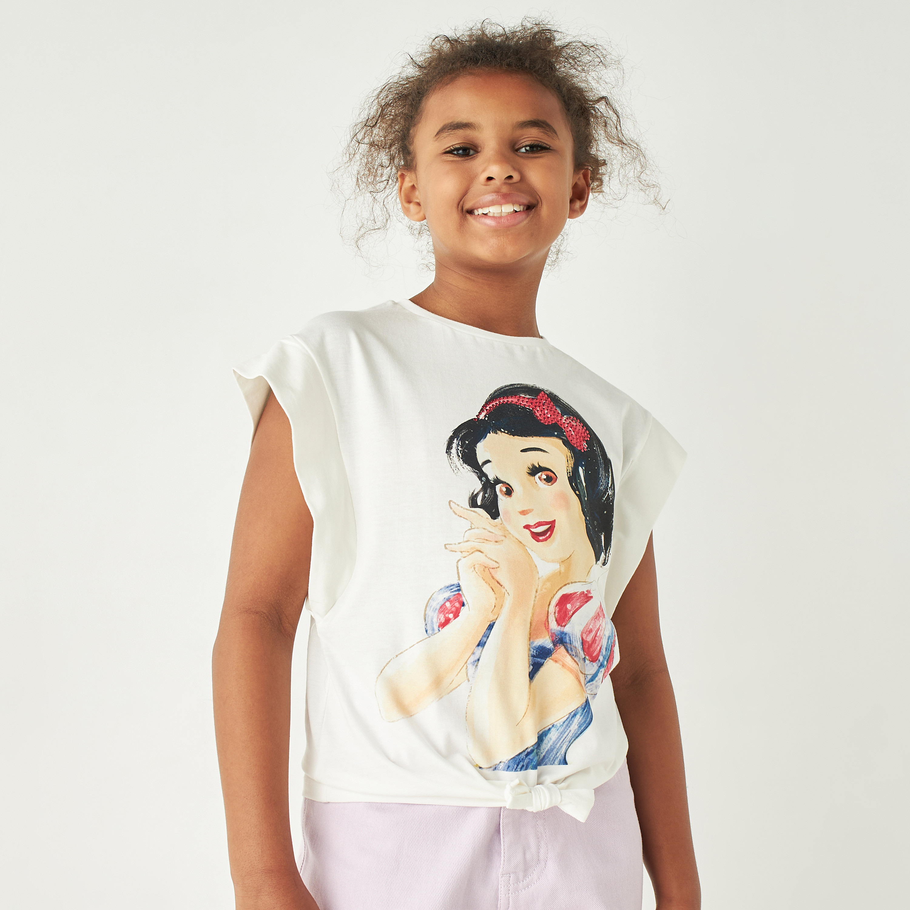 Disney Snow White Sequinned T-shirt with Extended Sleeves and Knot Detail-girls-clothing-tshirts-image-1