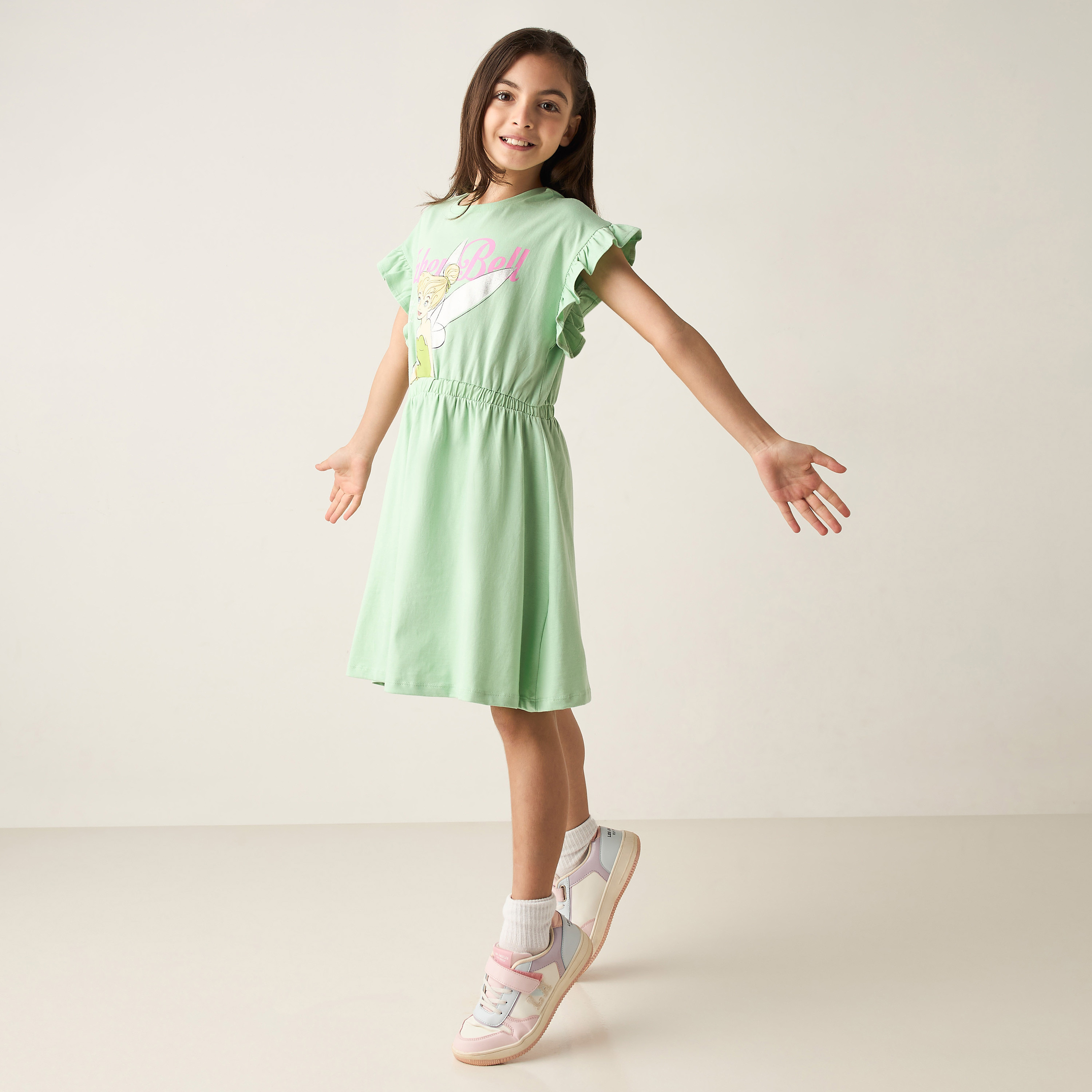 Disney Tinker Bell Foil Print A-line Dress with Short Sleeves and Ruffle Detail-girls-clothing-dressesandjumpsuits-image-1