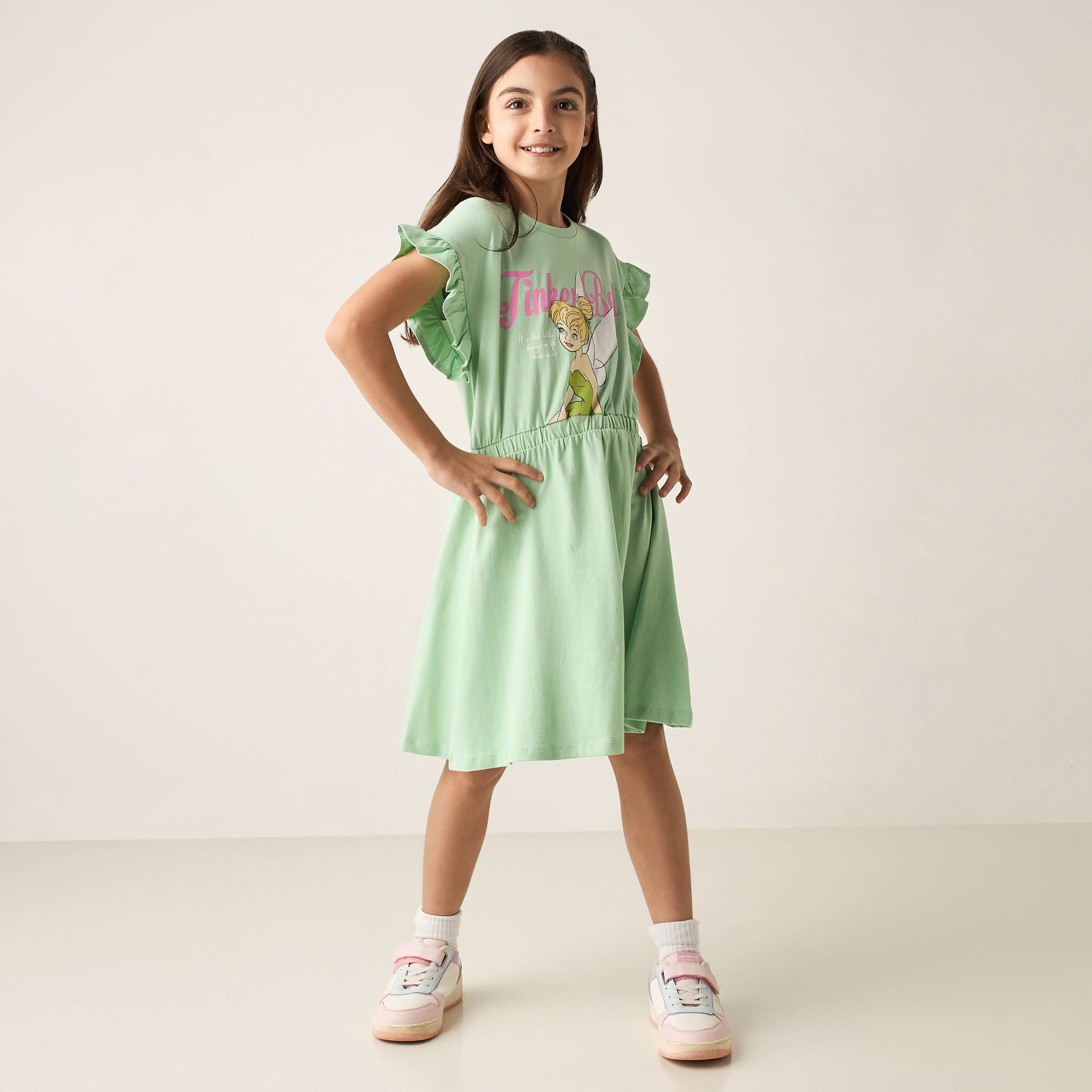 Disney Tinker Bell Foil Print A-line Dress with Short Sleeves and Ruffle Detail-girls-clothing-dressesandjumpsuits-image-2