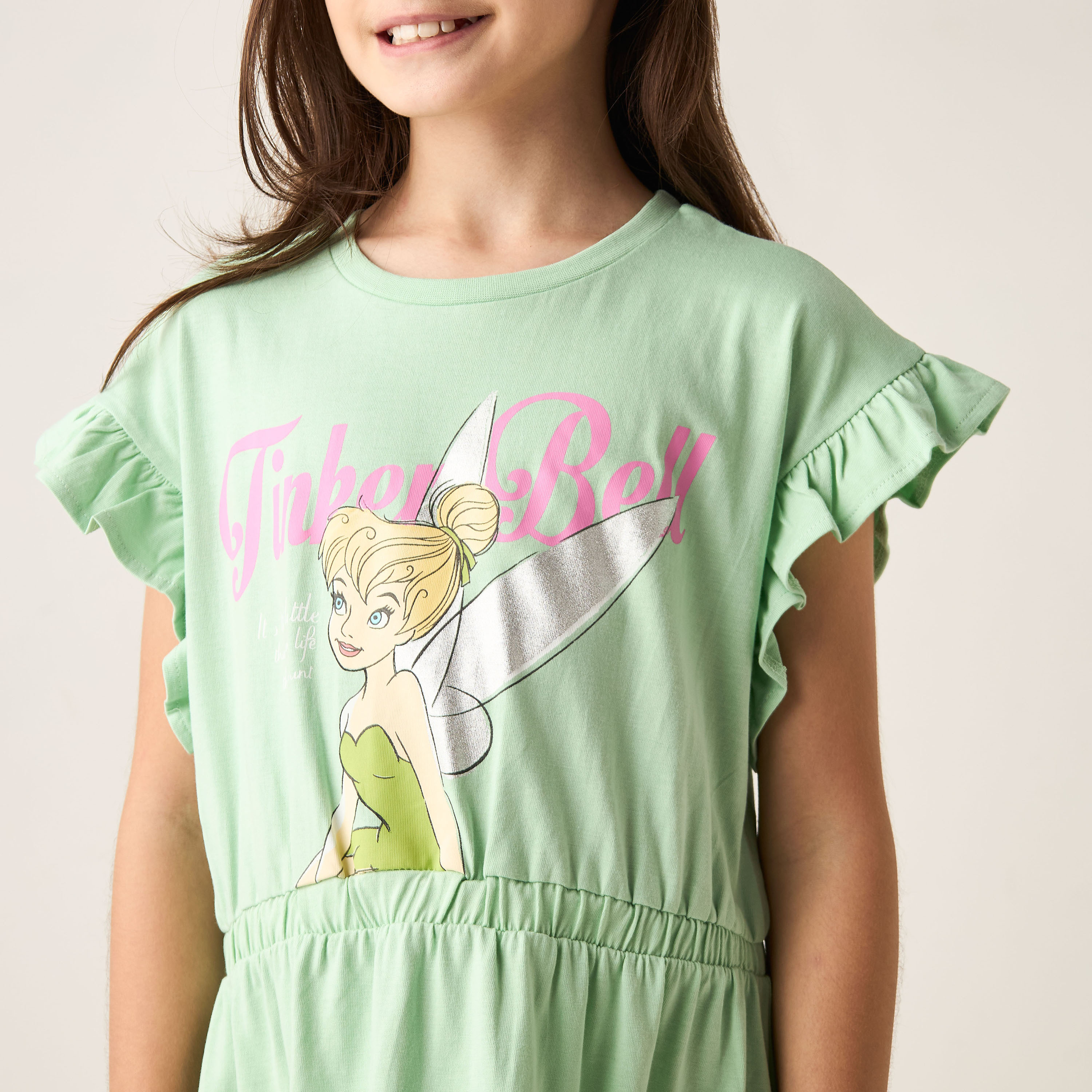 Disney Tinker Bell Foil Print A-line Dress with Short Sleeves and Ruffle Detail-girls-clothing-dressesandjumpsuits-image-3