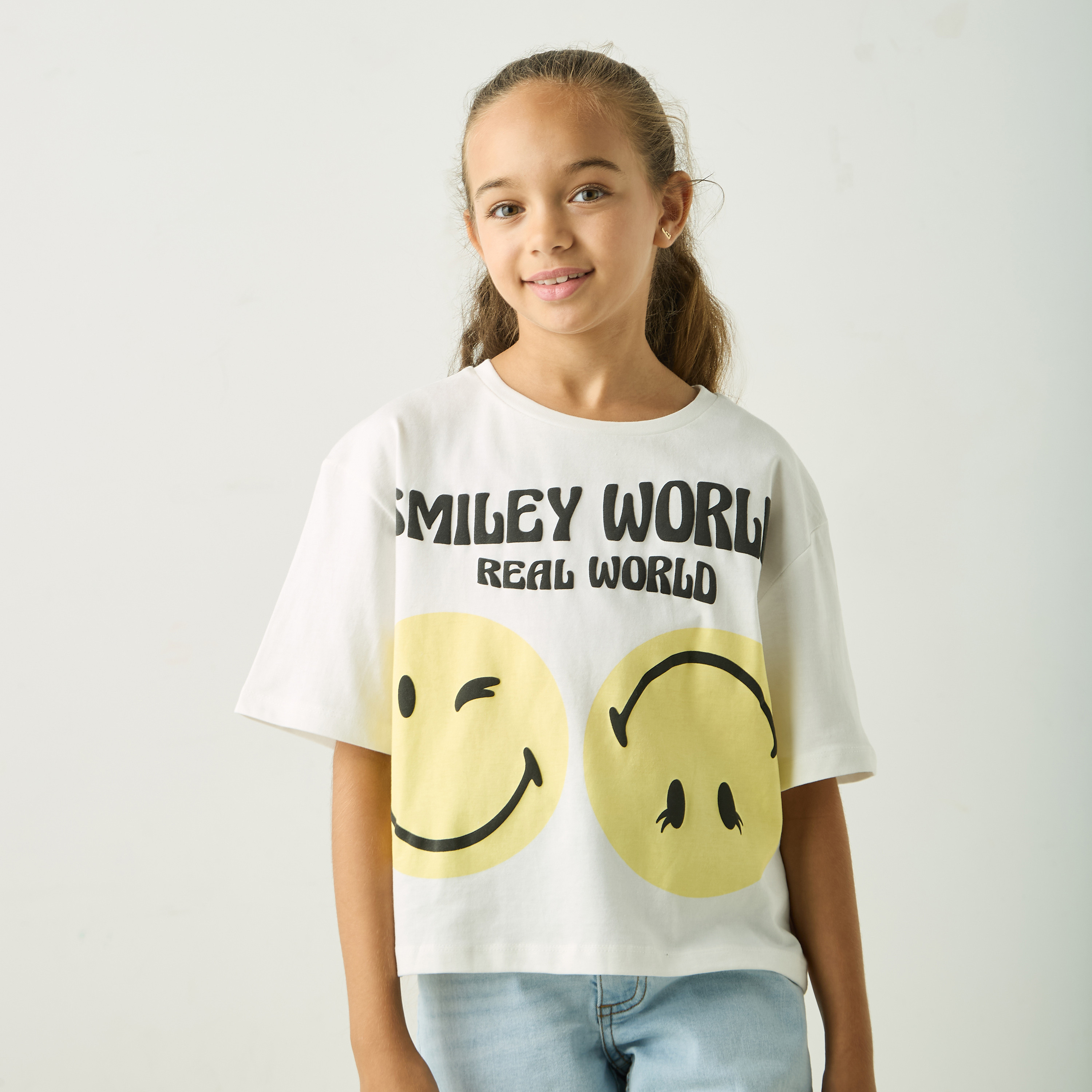Disney SmileyWorld Print T-shirt with Drop Shoulder Sleeves and Round Neck-girls-clothing-tshirts-image-1