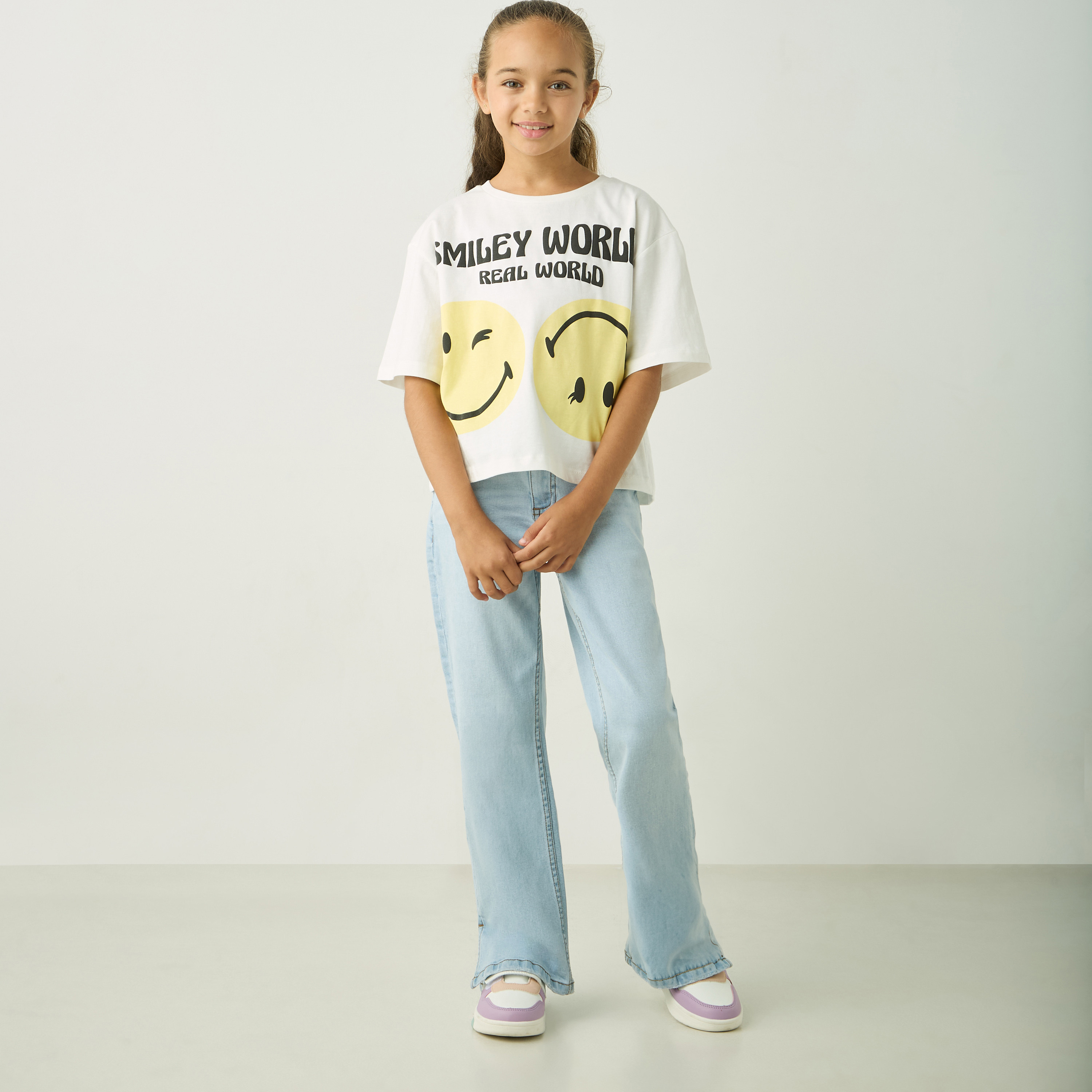 Disney SmileyWorld Print T-shirt with Drop Shoulder Sleeves and Round Neck-girls-clothing-tshirts-image-2