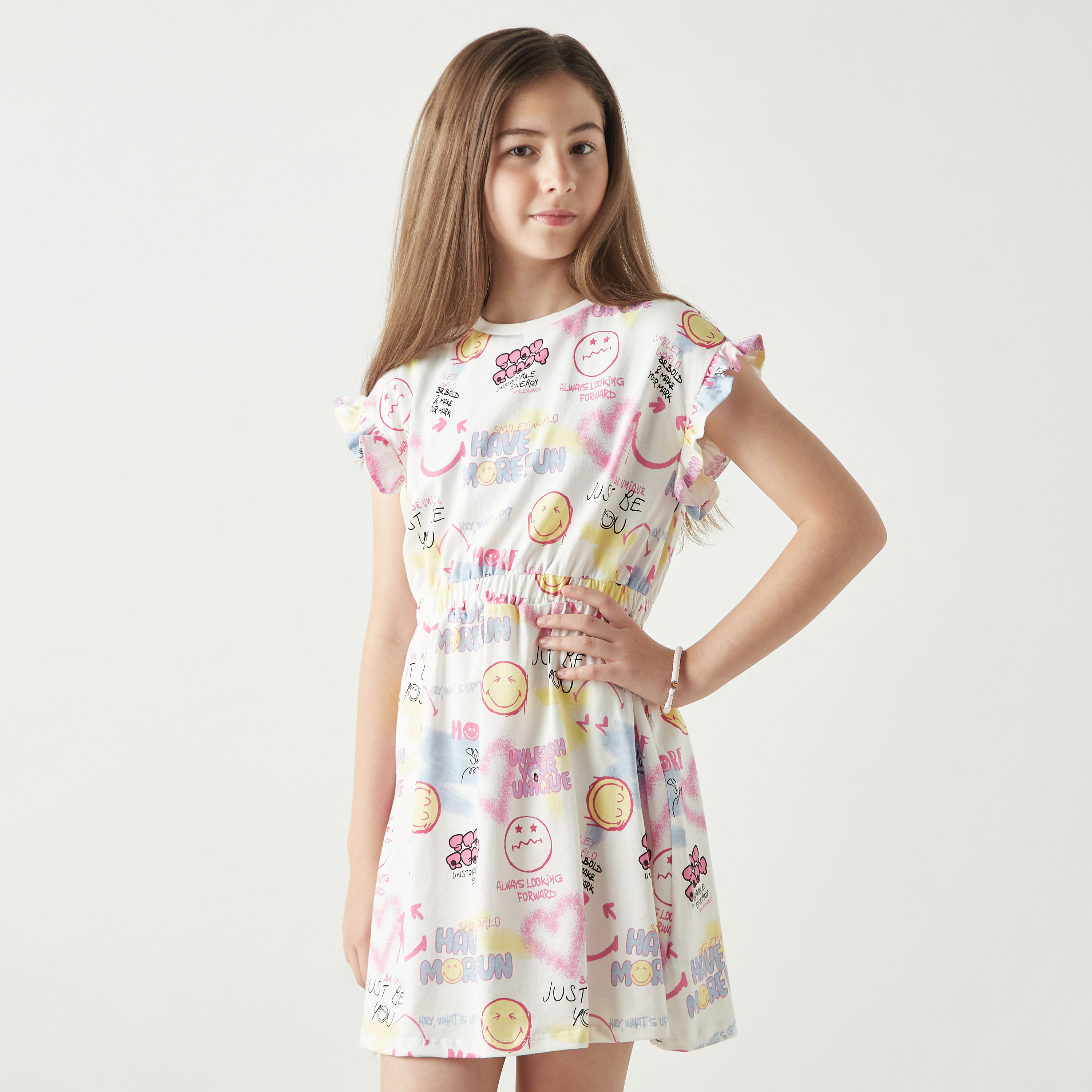 Smiley World All-Over Print A-line Dress with Ruffle Sleeves-girls-clothing-dressesandjumpsuits-image-1