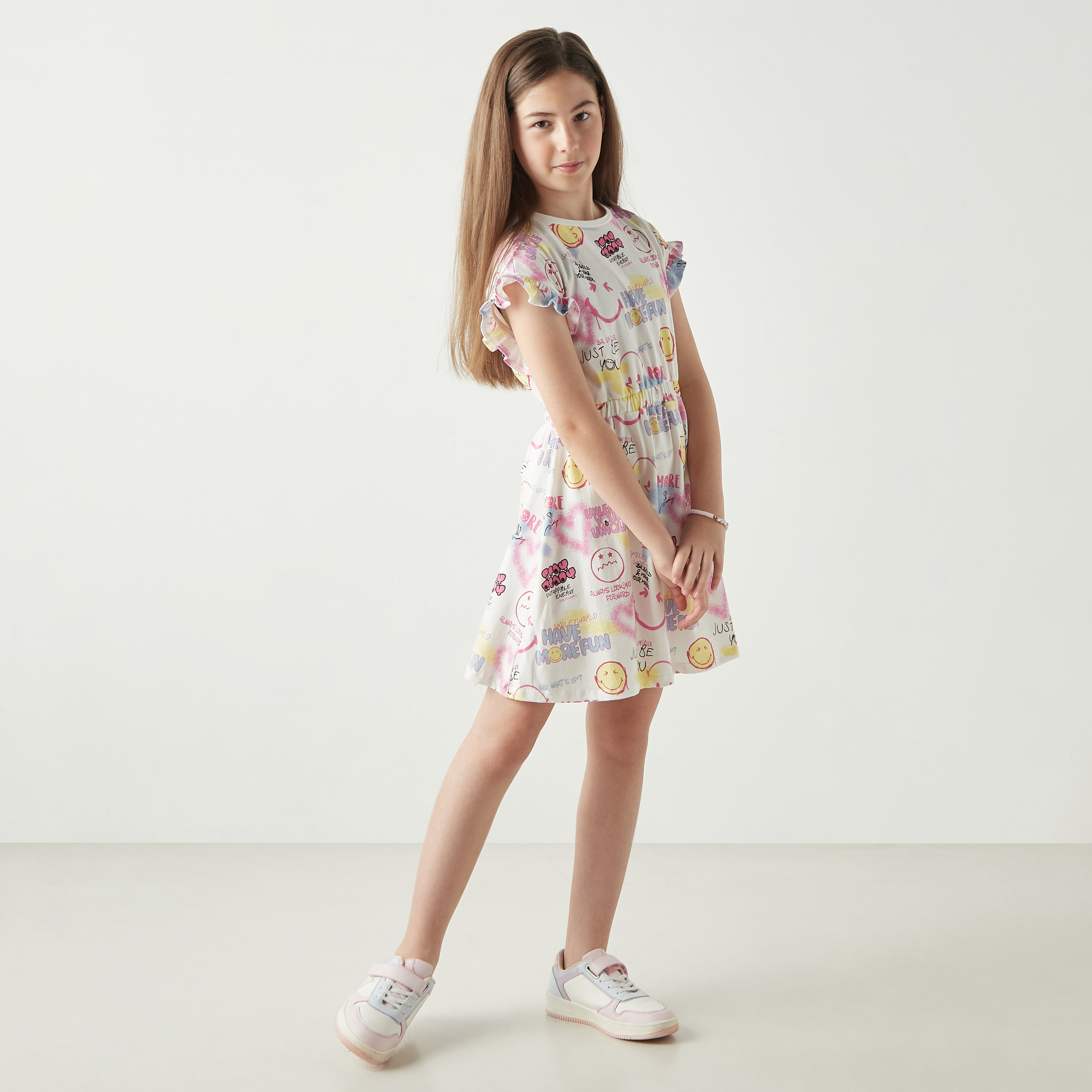 Smiley World All-Over Print A-line Dress with Ruffle Sleeves-girls-clothing-dressesandjumpsuits-image-2