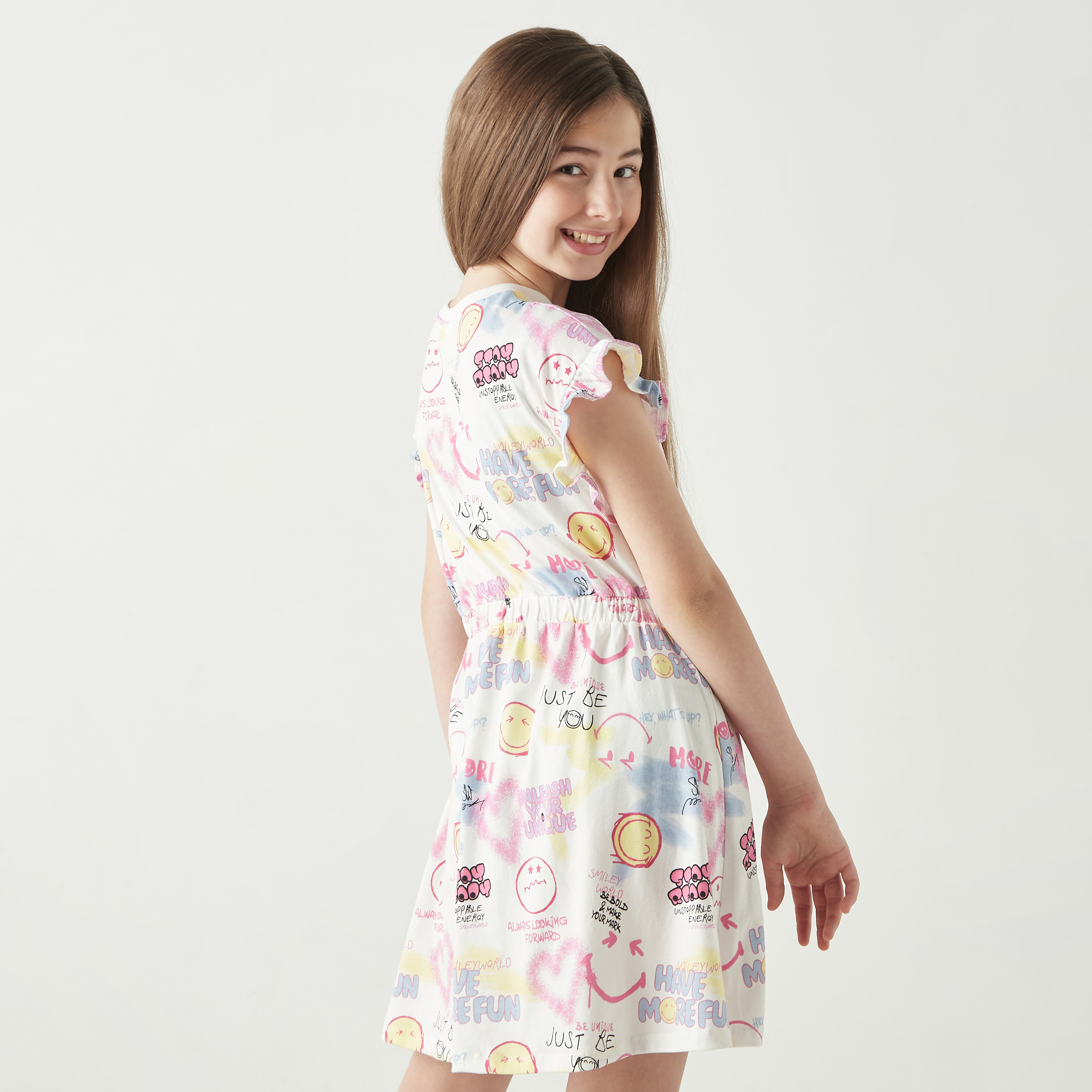 Smiley World All-Over Print A-line Dress with Ruffle Sleeves-girls-clothing-dressesandjumpsuits-image-3
