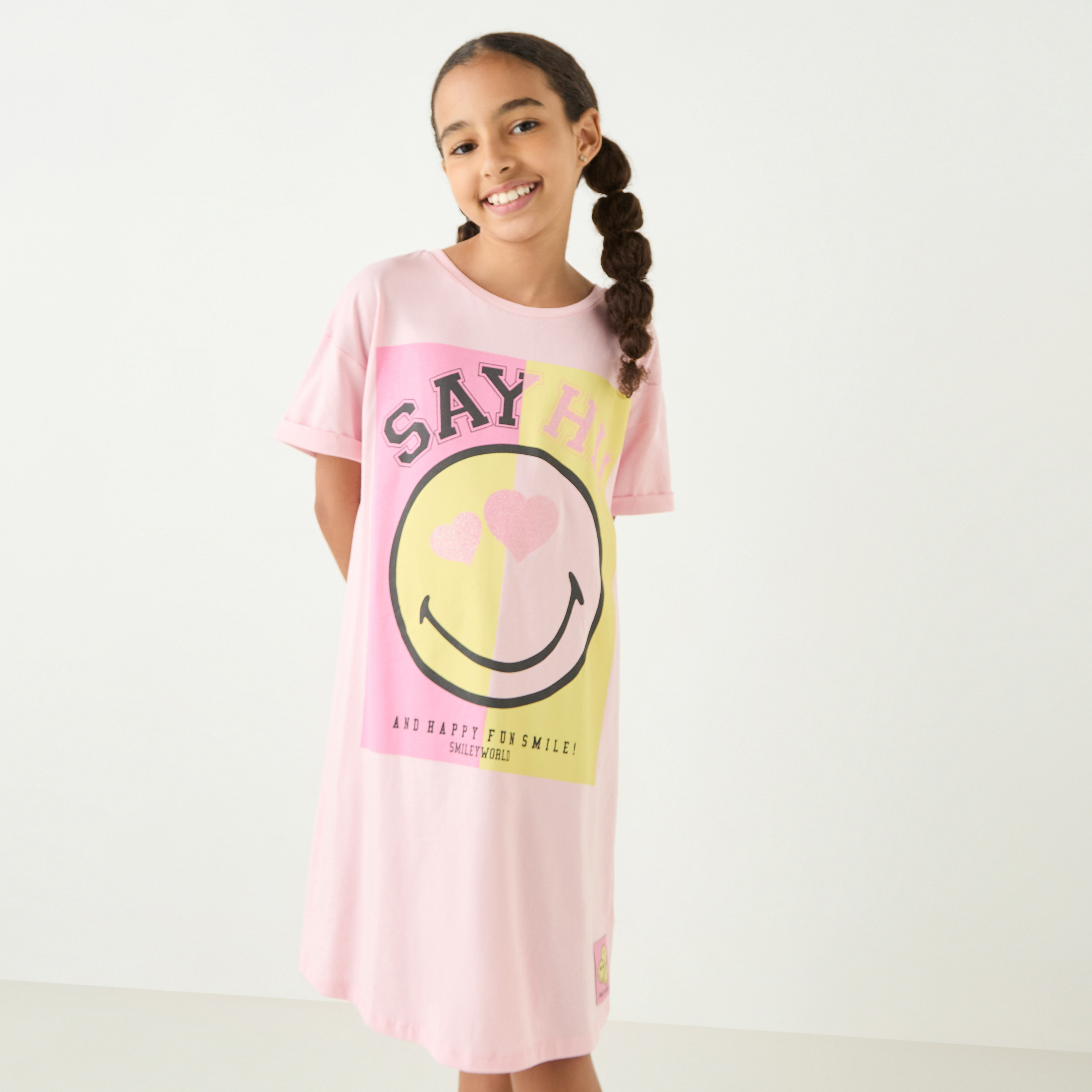 SmileyWorld Printed Dress with Drop Shoulder Sleeves-girls-clothing-dressesandjumpsuits-image-1