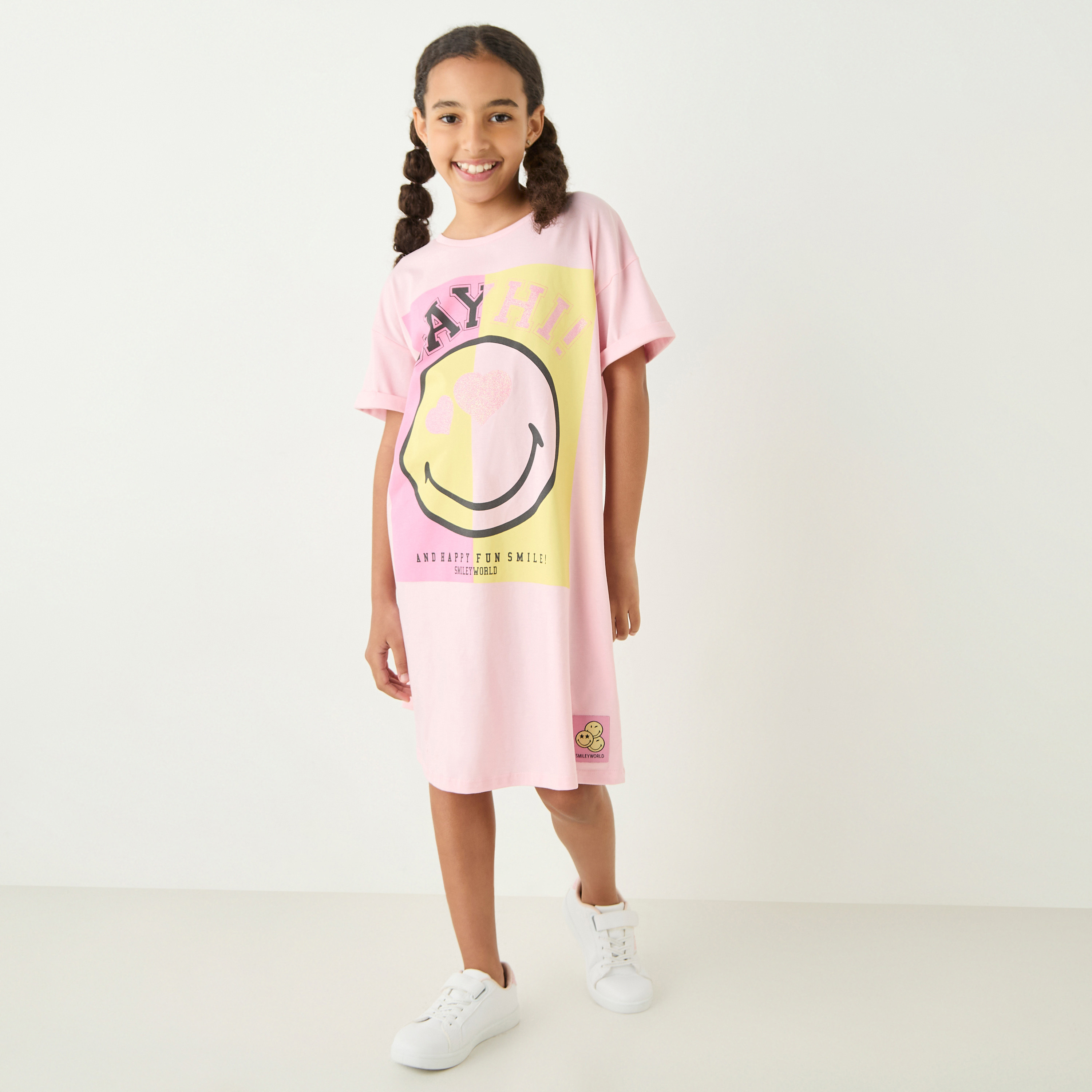 SmileyWorld Printed Dress with Drop Shoulder Sleeves-girls-clothing-dressesandjumpsuits-image-2