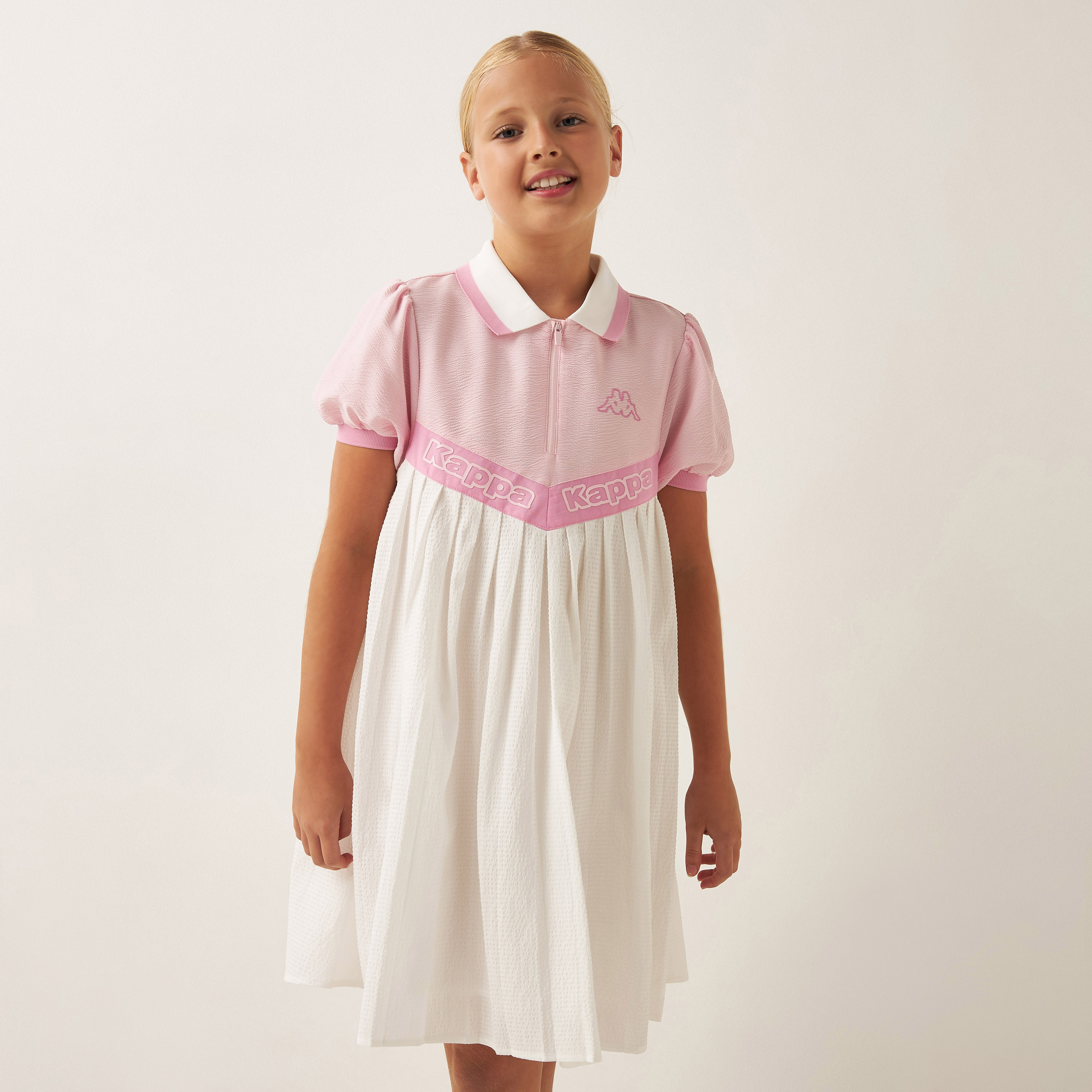 Kappa Logo Print Collared Dress with Puff Sleeves and Zip Closure-girls-clothing-dressesandjumpsuits-image-1