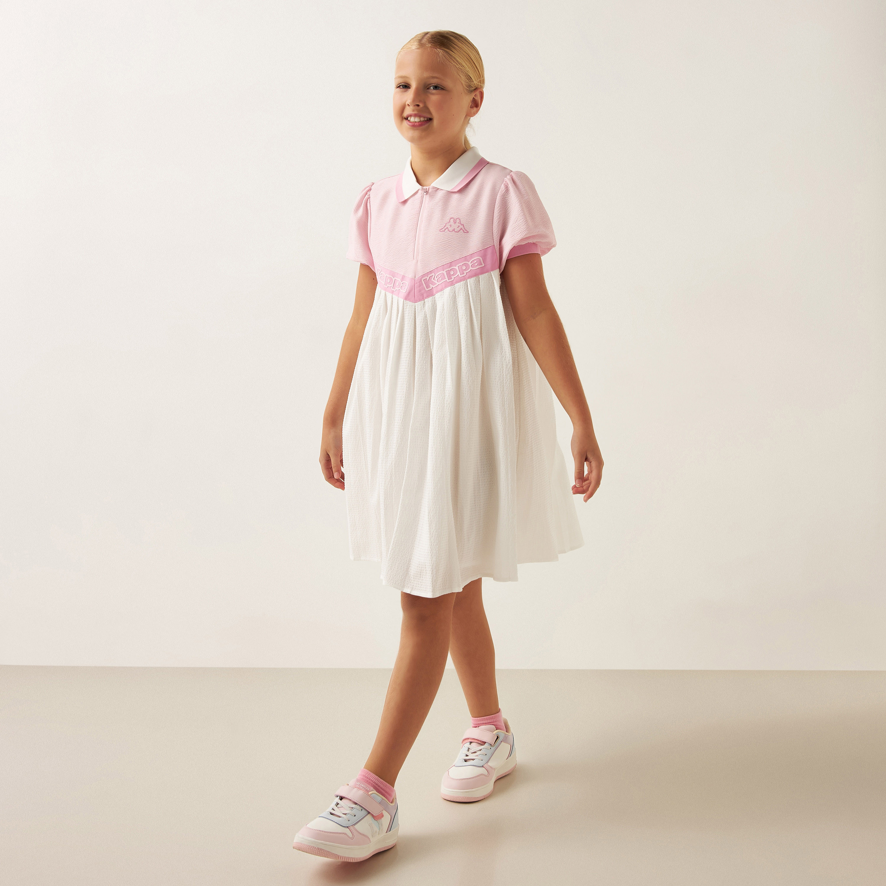 Kappa Logo Print Collared Dress with Puff Sleeves and Zip Closure-girls-clothing-dressesandjumpsuits-image-2