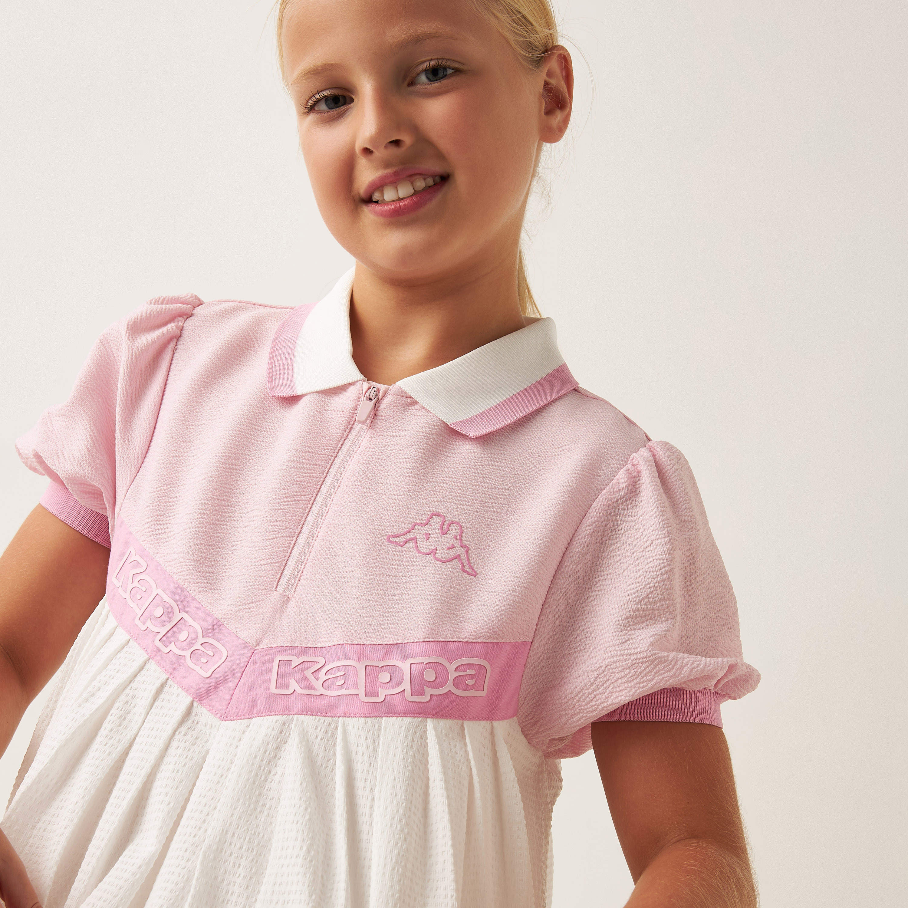 Kappa Logo Print Collared Dress with Puff Sleeves and Zip Closure-girls-clothing-dressesandjumpsuits-image-3