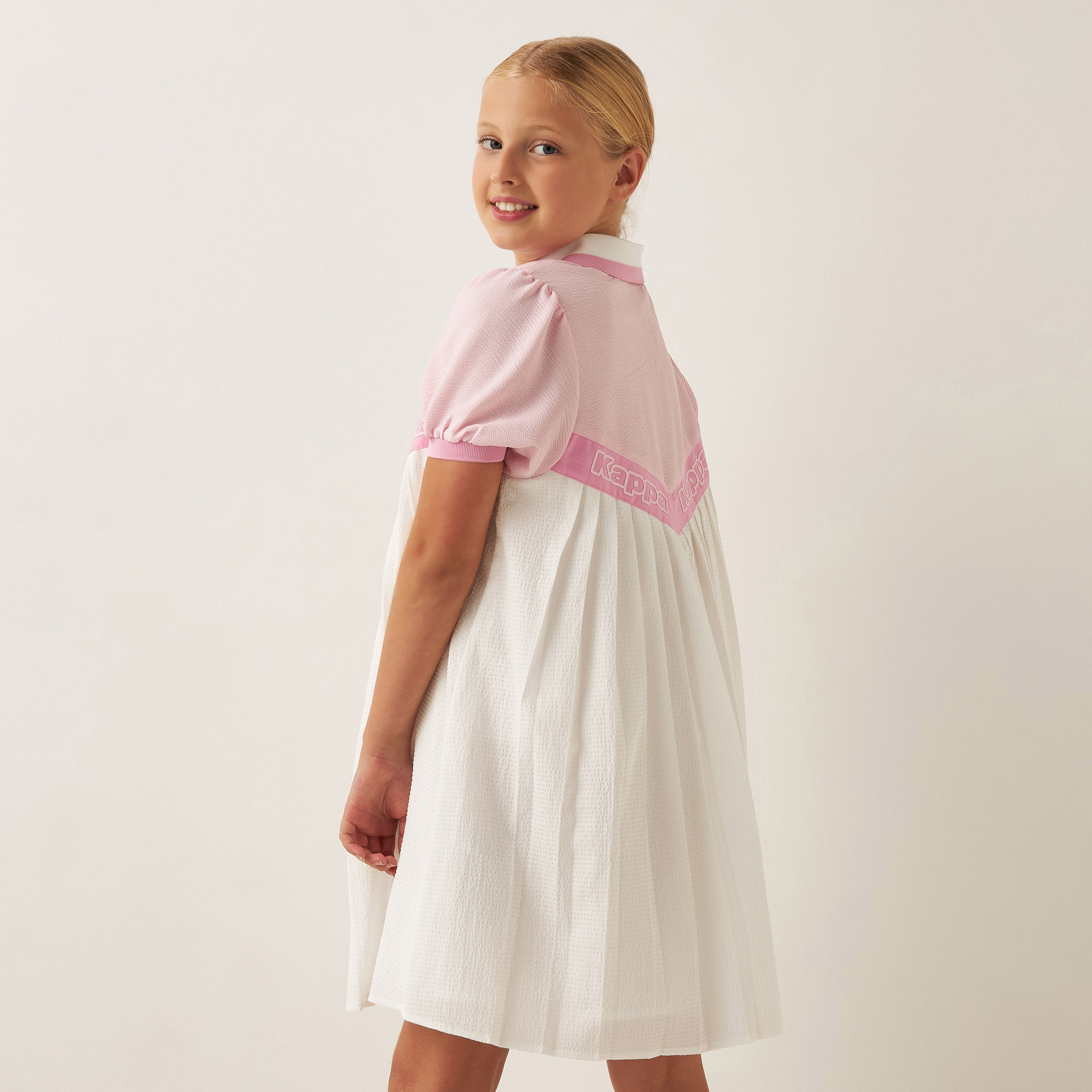 Kappa Logo Print Collared Dress with Puff Sleeves and Zip Closure-girls-clothing-dressesandjumpsuits-image-4