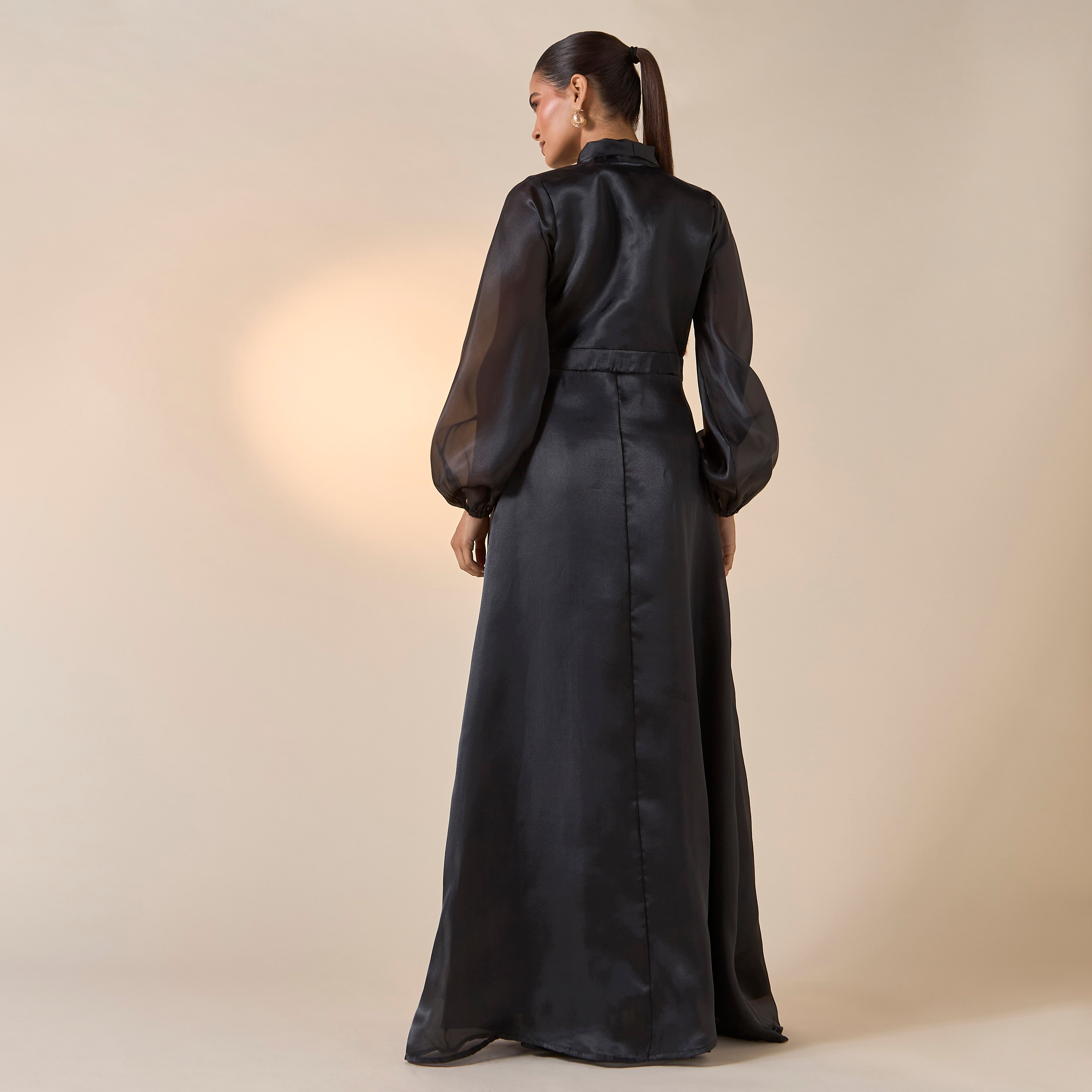 FYOR Solid Pussybow Neck Dress with Volume Sleeves-women-clothing-dresses-image-3