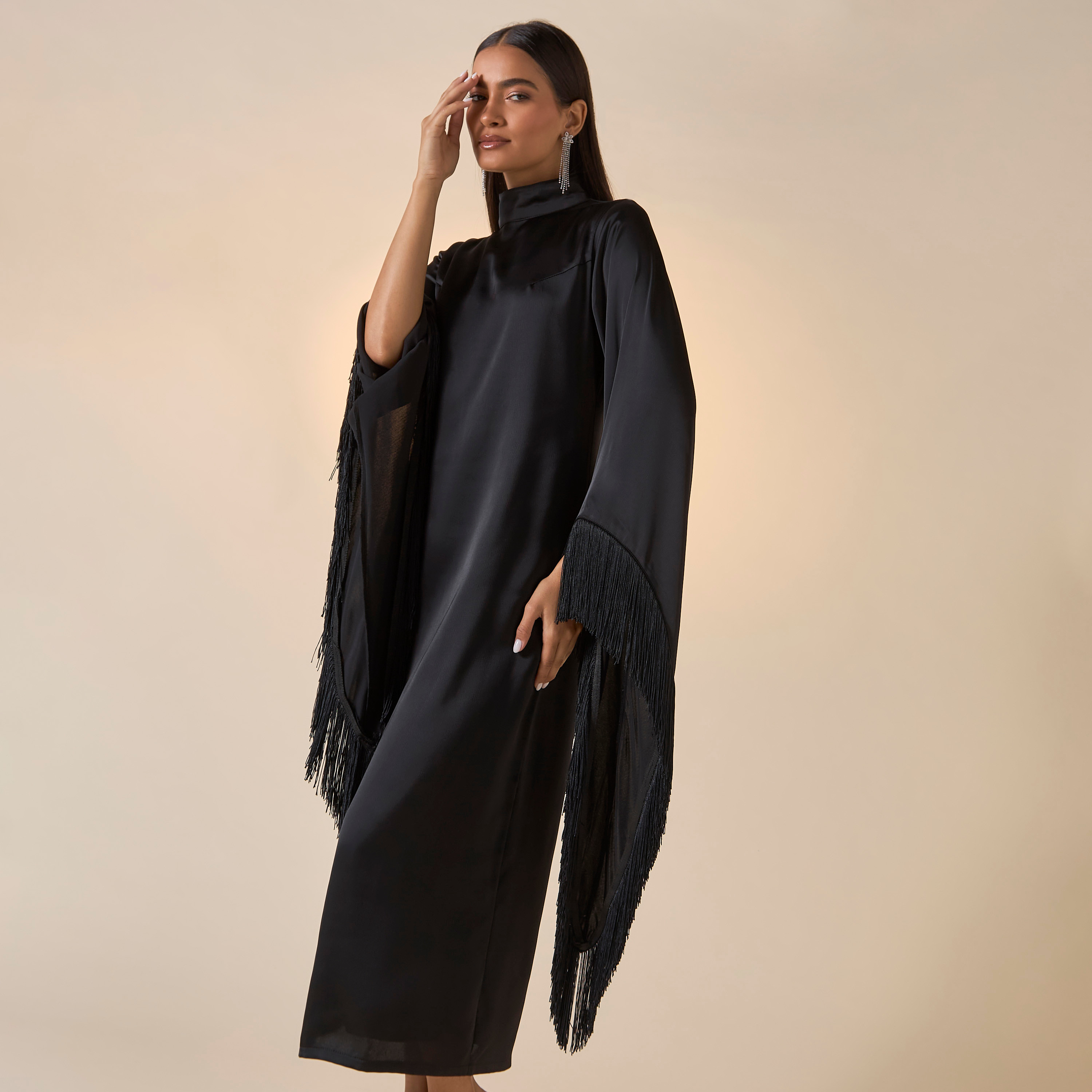 FYOR Solid High Neck Dress with Fringe Detail Sleeves-women-clothing-dresses-image-1