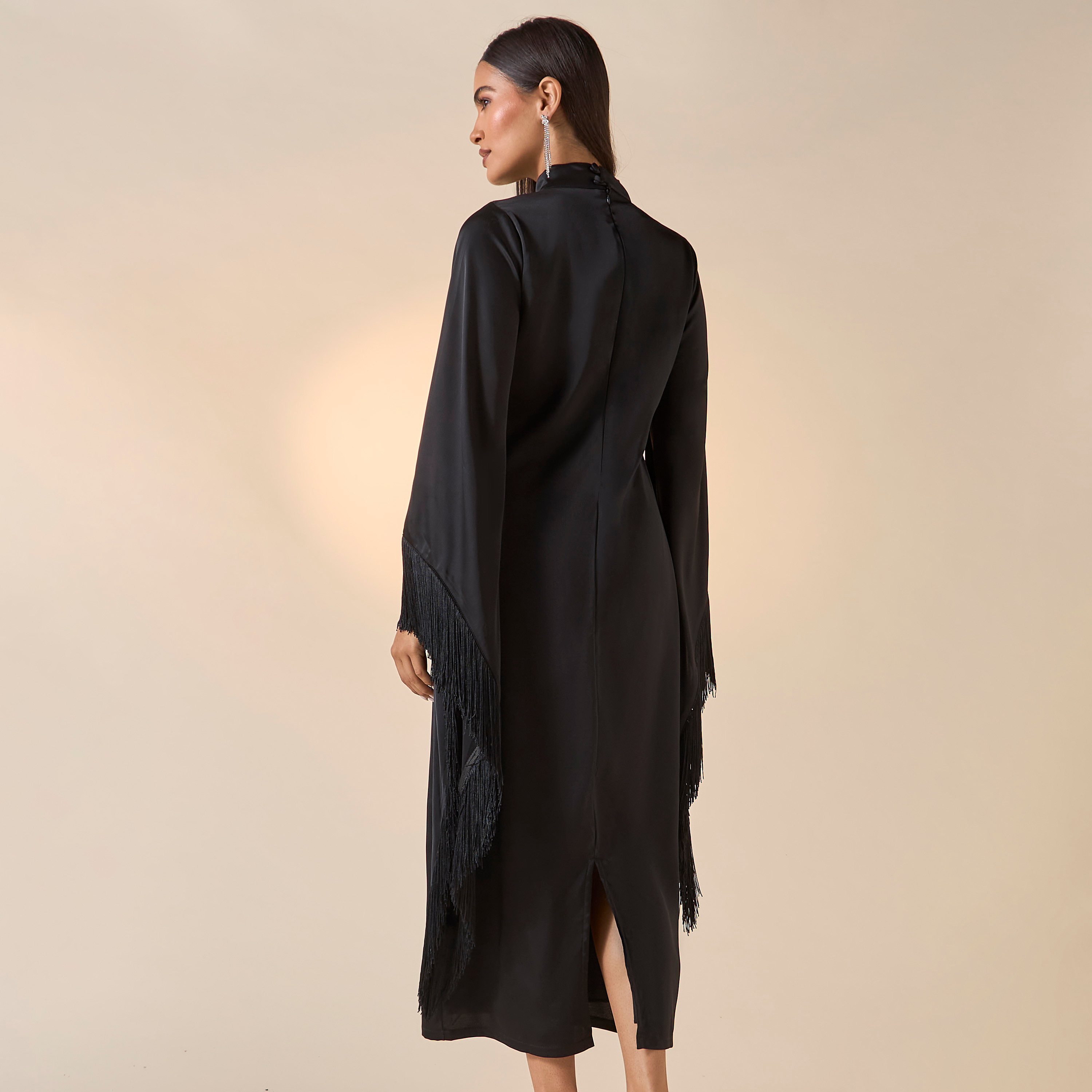 FYOR Solid High Neck Dress with Fringe Detail Sleeves-women-clothing-dresses-image-3