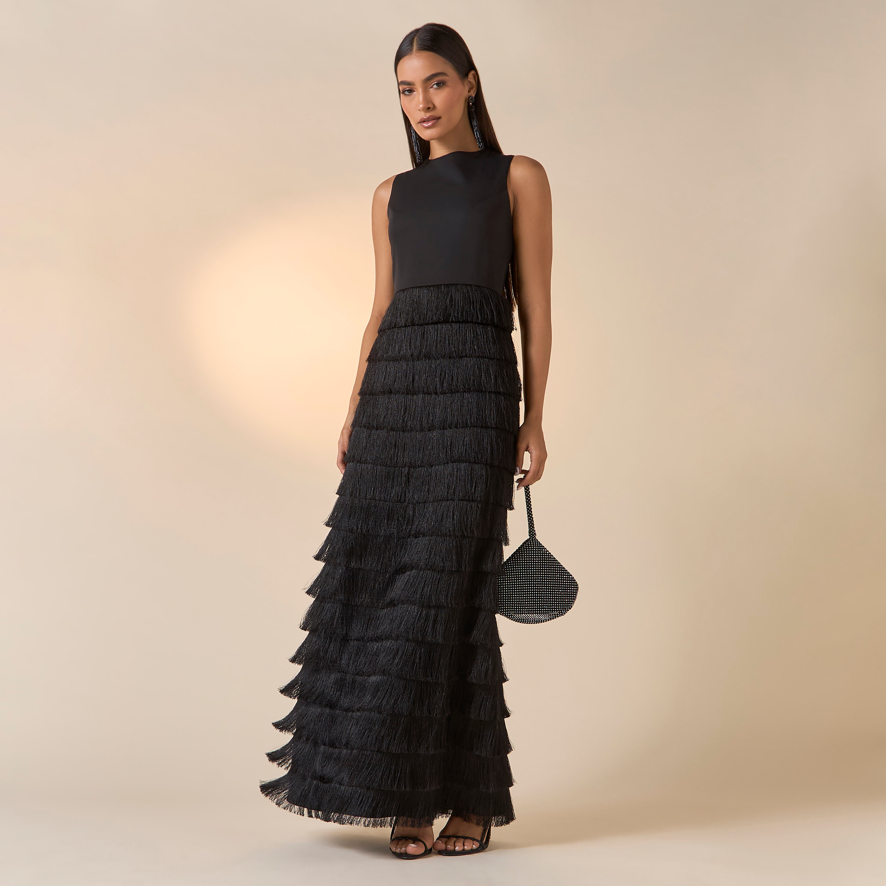 فستان دون أكمام بياقة مستديرة وتفاصيل شراشيب من فيور-women-clothing-dresses-image-1
