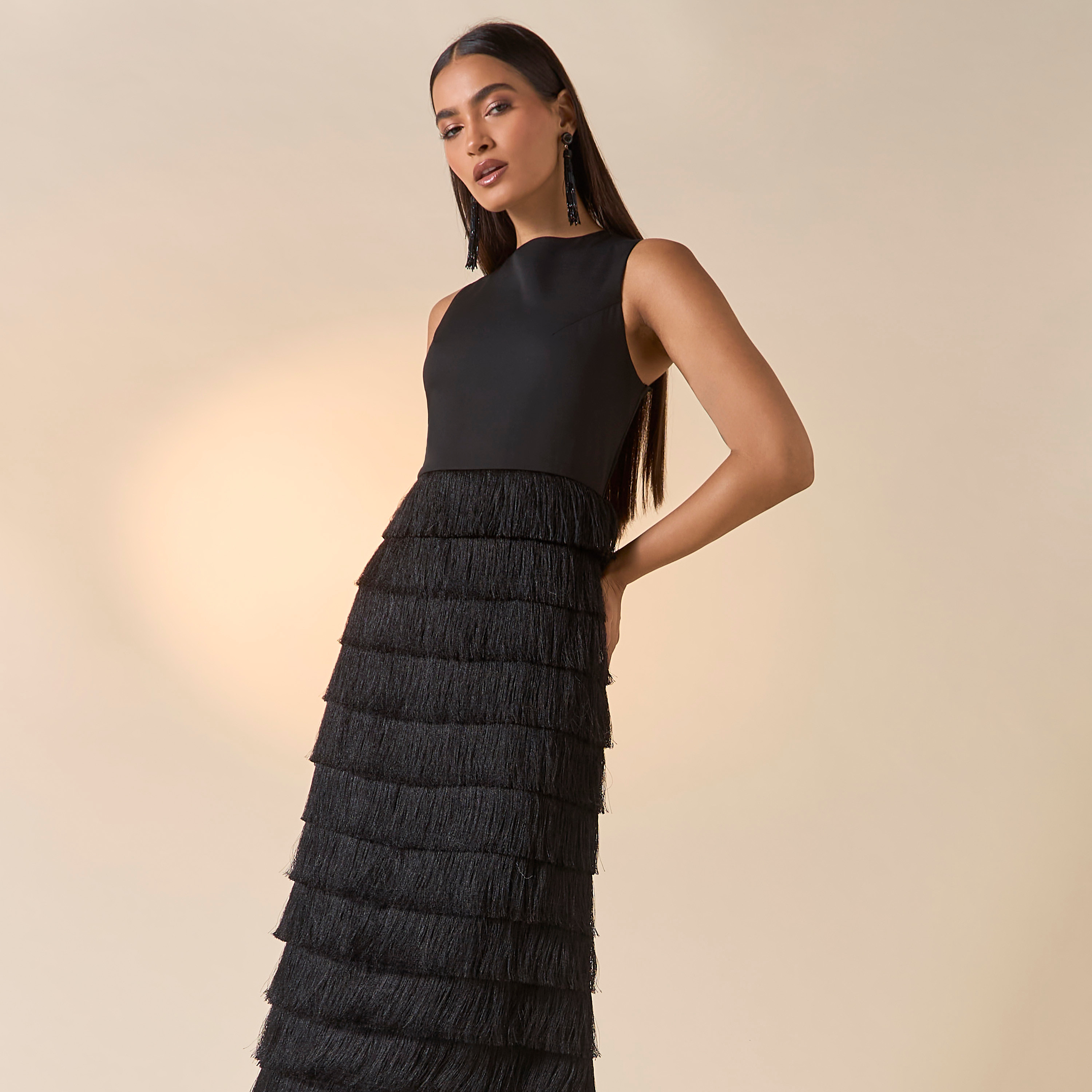 فستان دون أكمام بياقة مستديرة وتفاصيل شراشيب من فيور-women-clothing-dresses-image-2