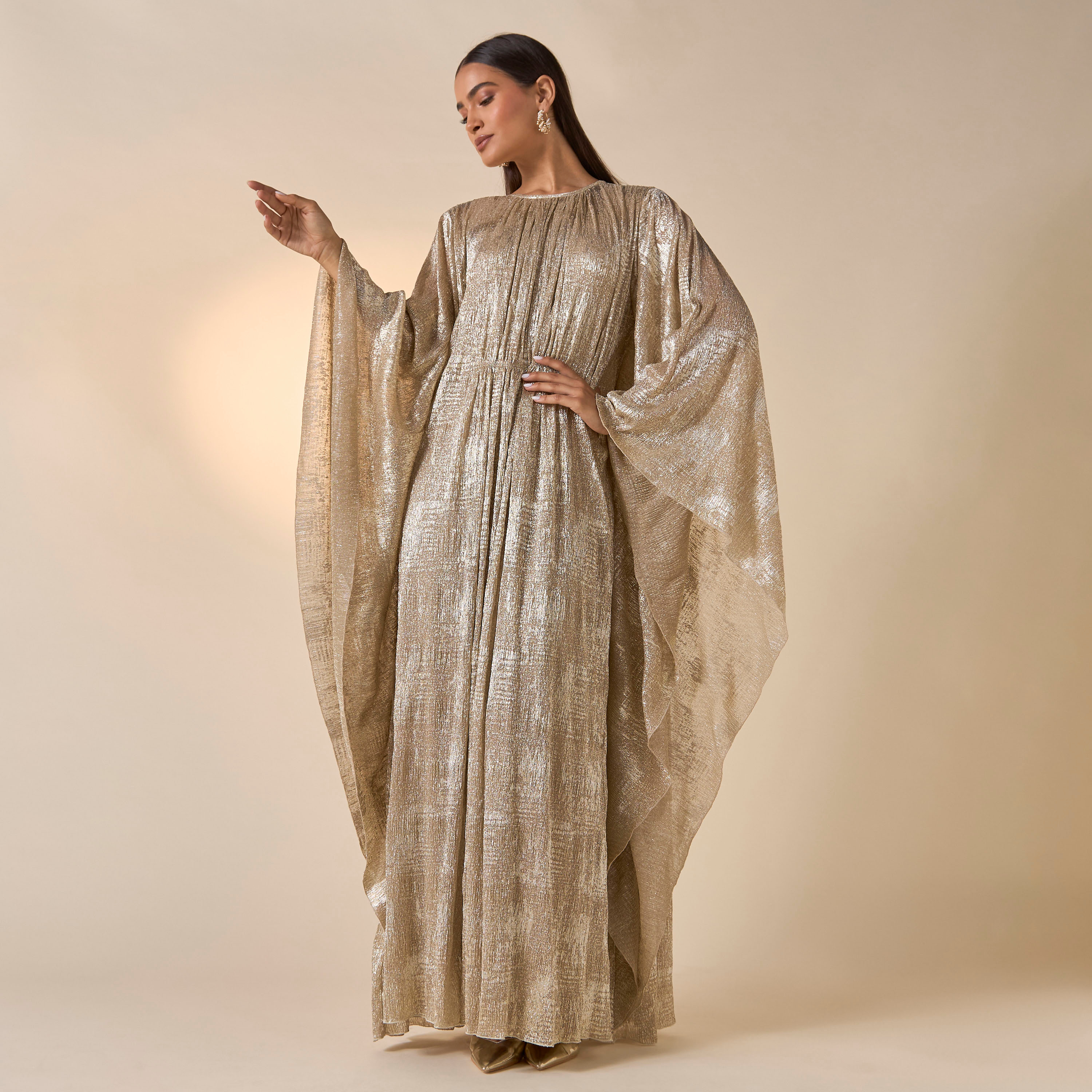 FYOR Textured Round Neck Dress with Flared Sleeves-women-clothing-dresses-image-1