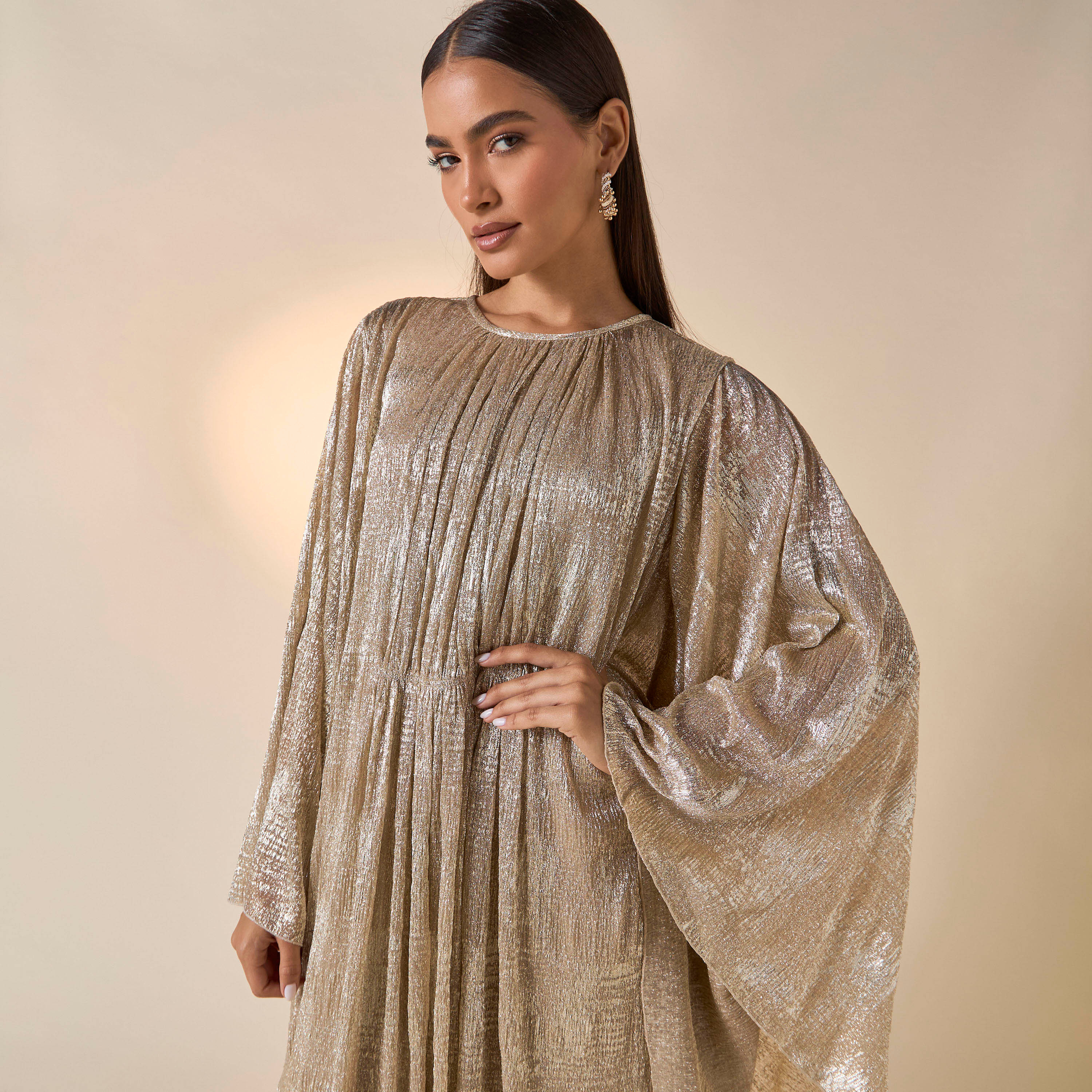 فستان بارز الملمس بياقة مستديرة وأكمام واسعة من فيور-women-clothing-dresses-image-4