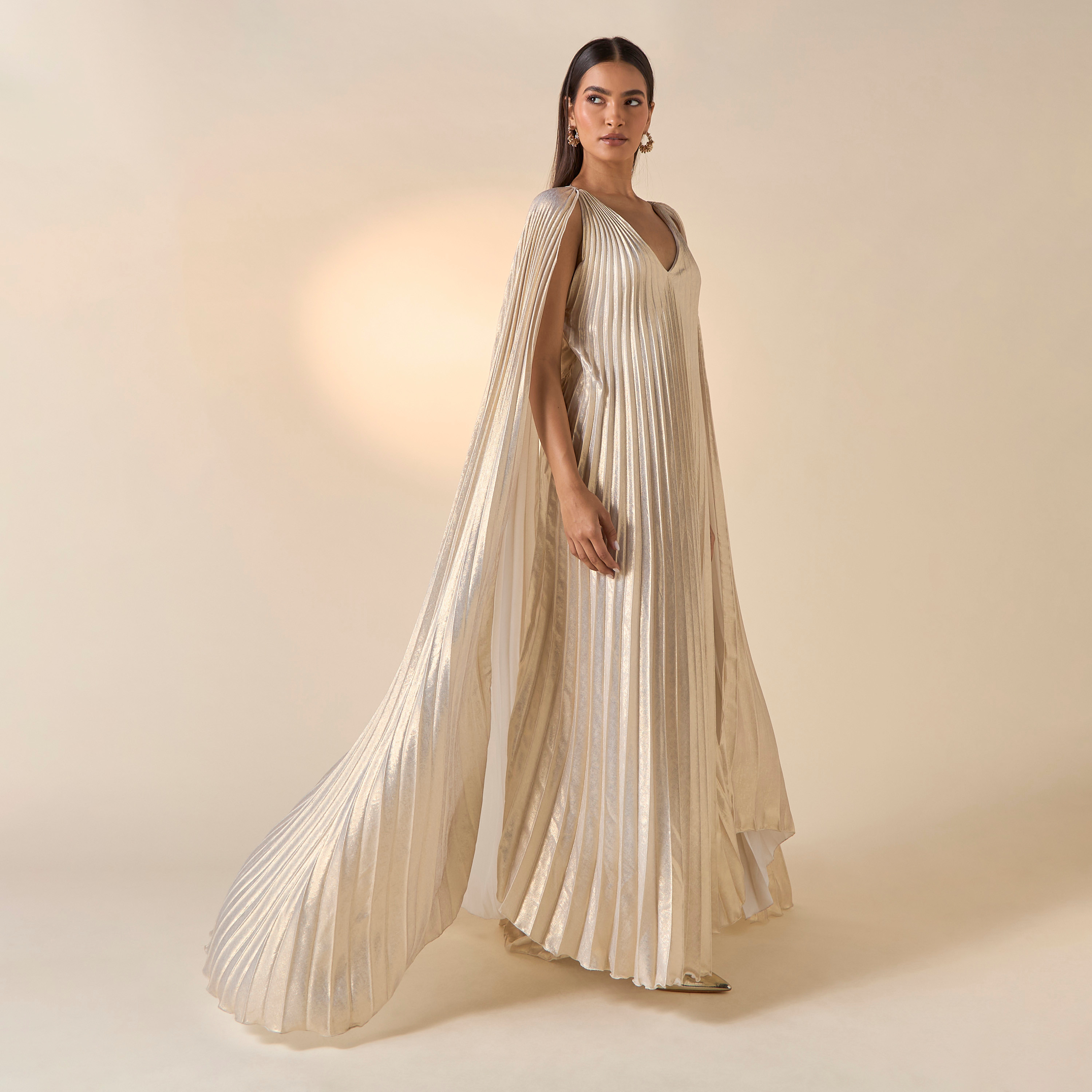 FYOR Pleated V-neck Dress with Cape Sleeves-women-clothing-dresses-image-1