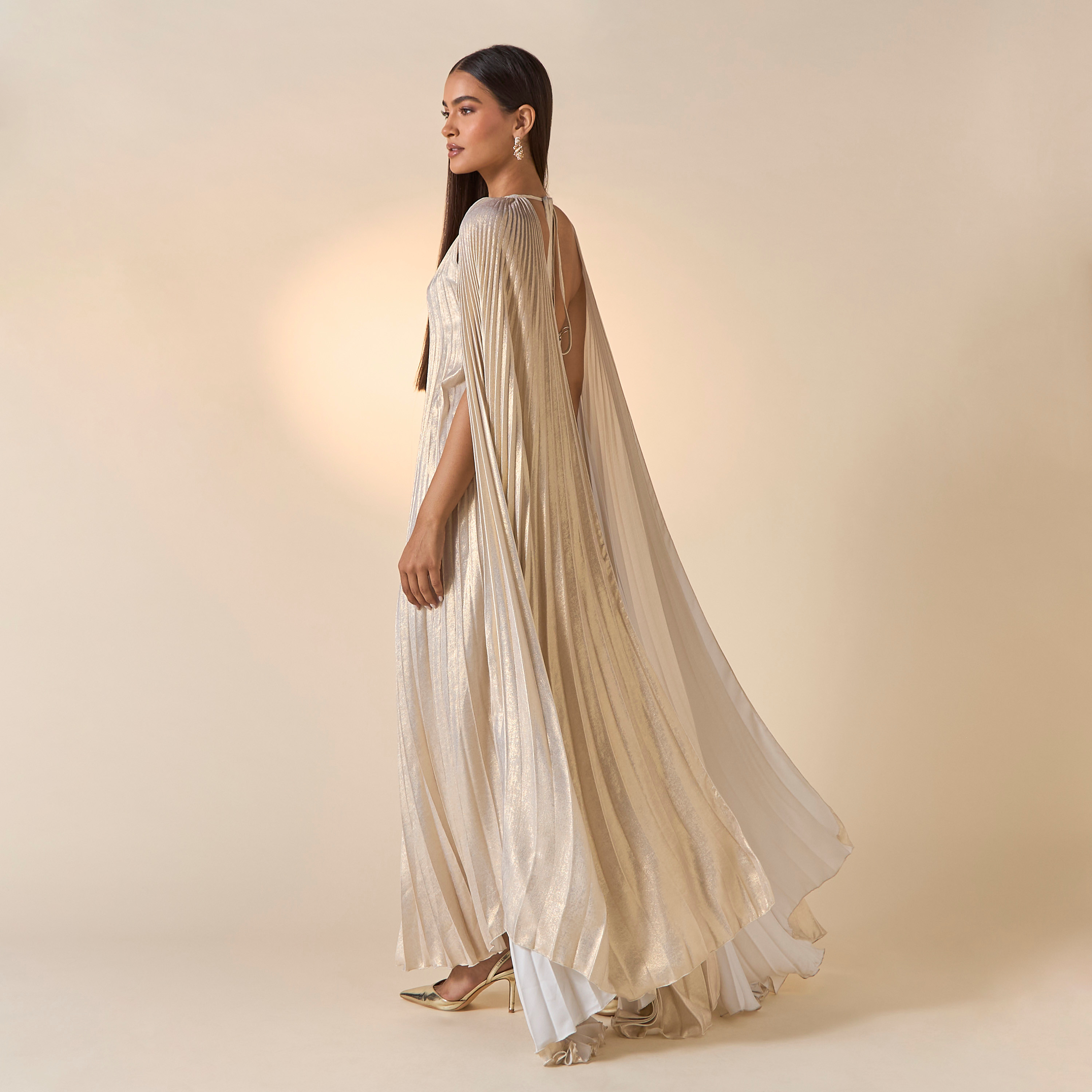 FYOR Pleated V-neck Dress with Cape Sleeves-women-clothing-dresses-image-3