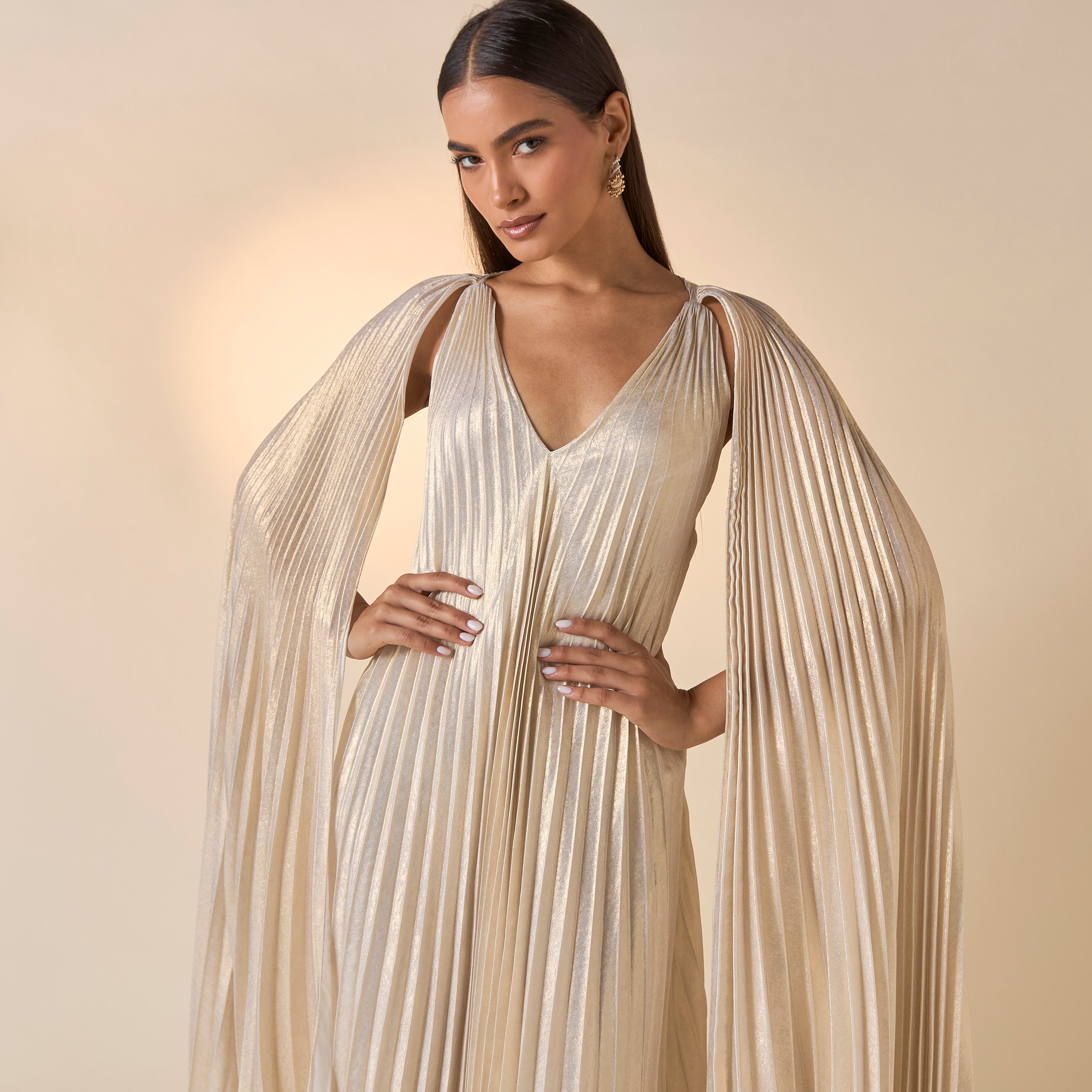 FYOR Pleated V-neck Dress with Cape Sleeves-women-clothing-dresses-image-4