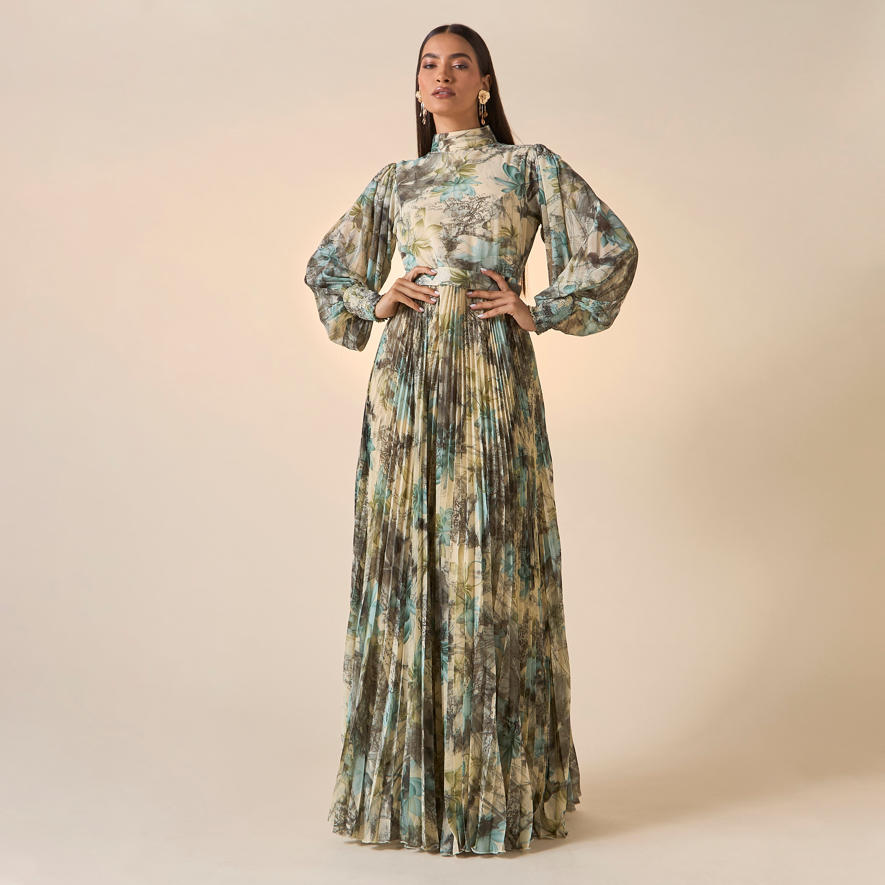 FYOR All-Over Print High Neck Dress with Bishop Sleeves-women-clothing-dresses-image-1