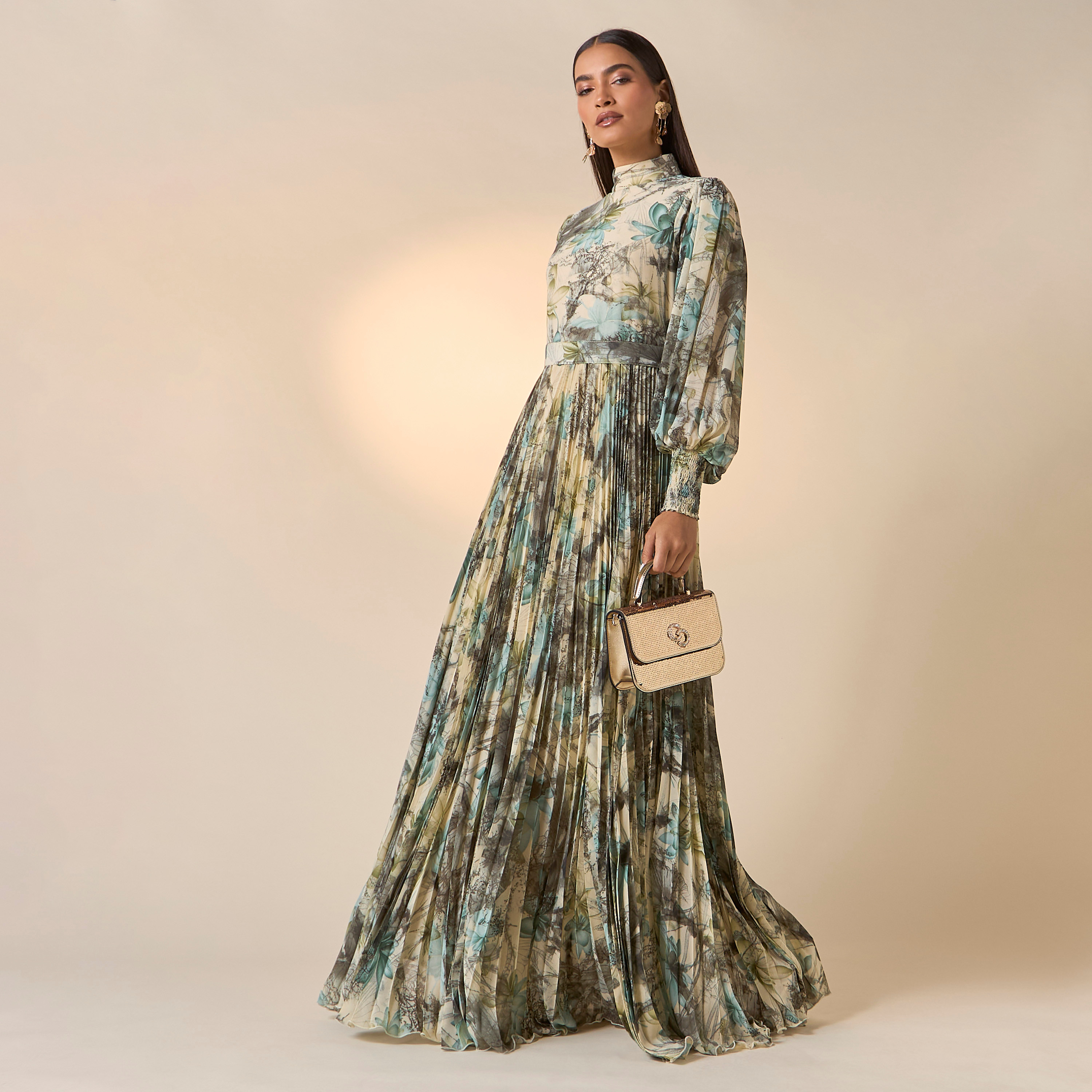 FYOR All-Over Print High Neck Dress with Bishop Sleeves-women-clothing-dresses-image-2