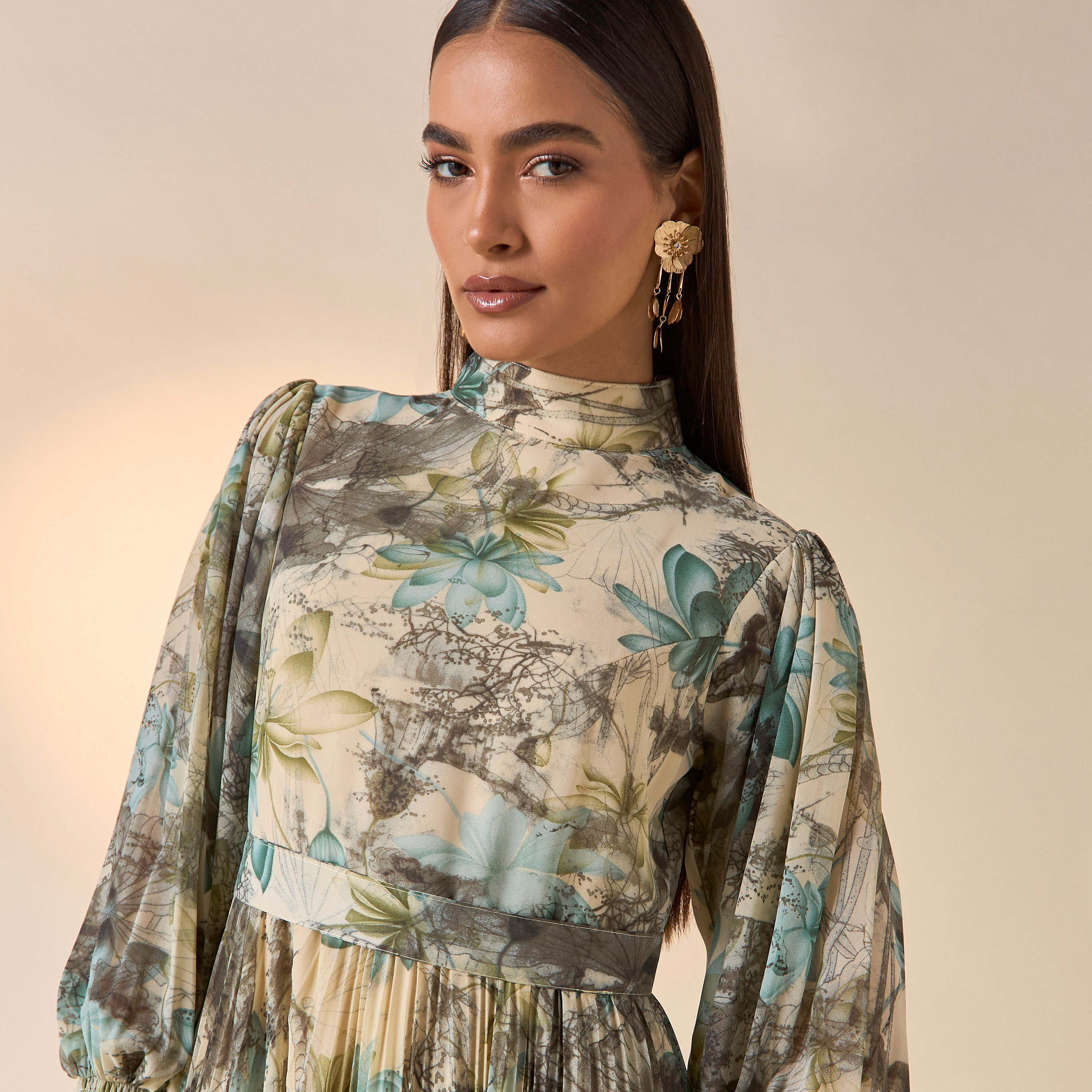 FYOR All-Over Print High Neck Dress with Bishop Sleeves-women-clothing-dresses-image-4