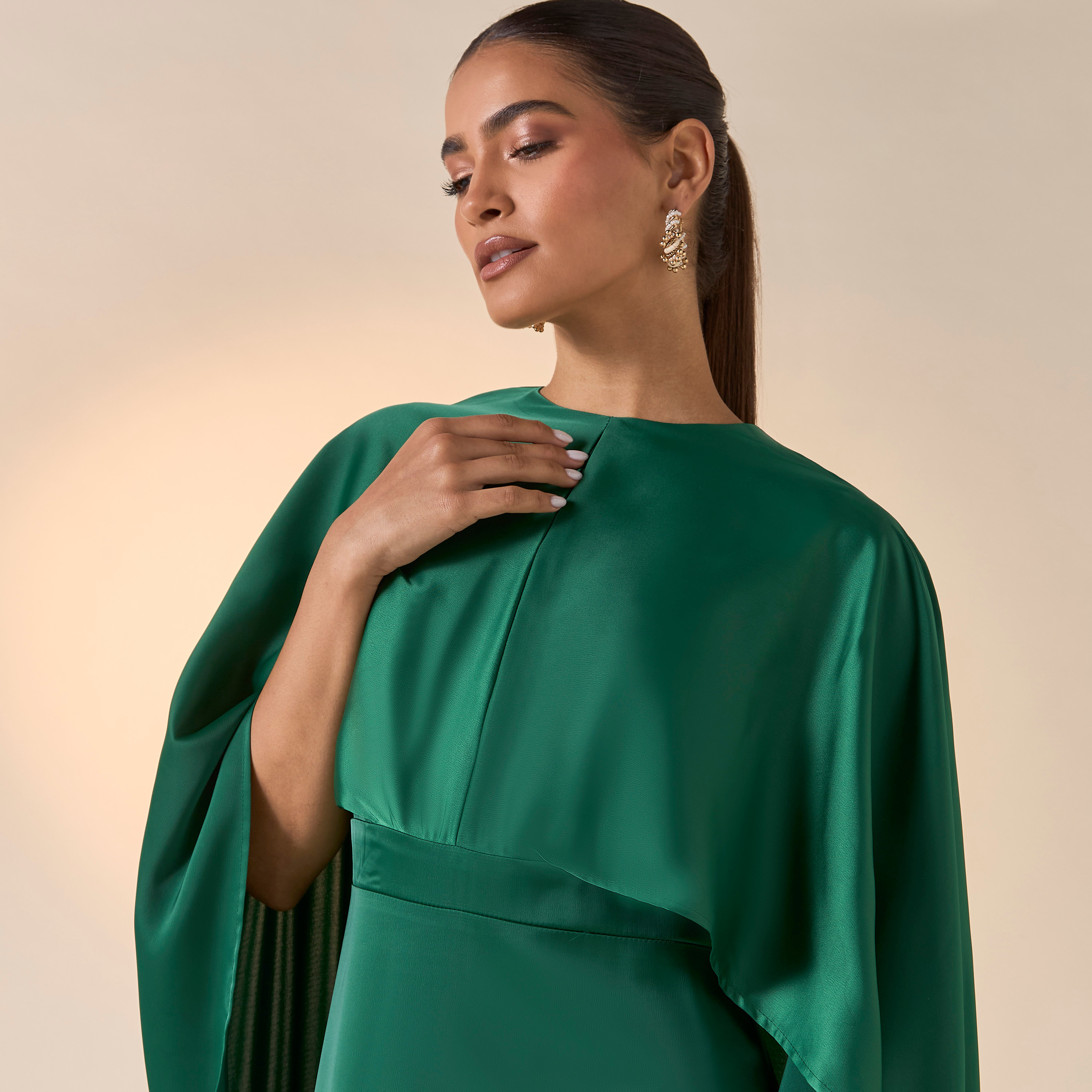 FYOR Solid Round Neck Dress with Cape Sleeves-women-clothing-dresses-image-4