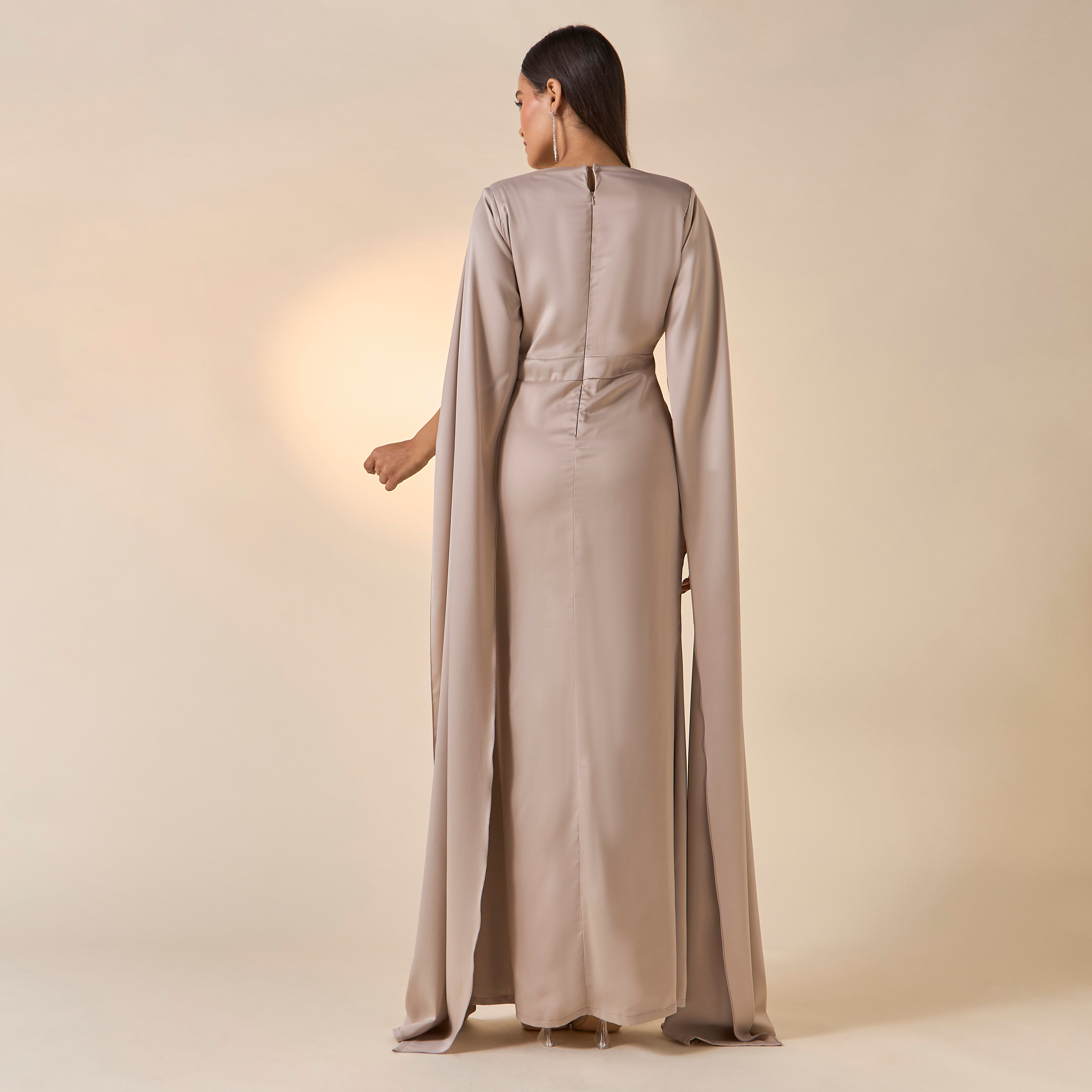 FYOR Solid Round Neck Dress with Cape Sleeves-women-clothing-dresses-image-3