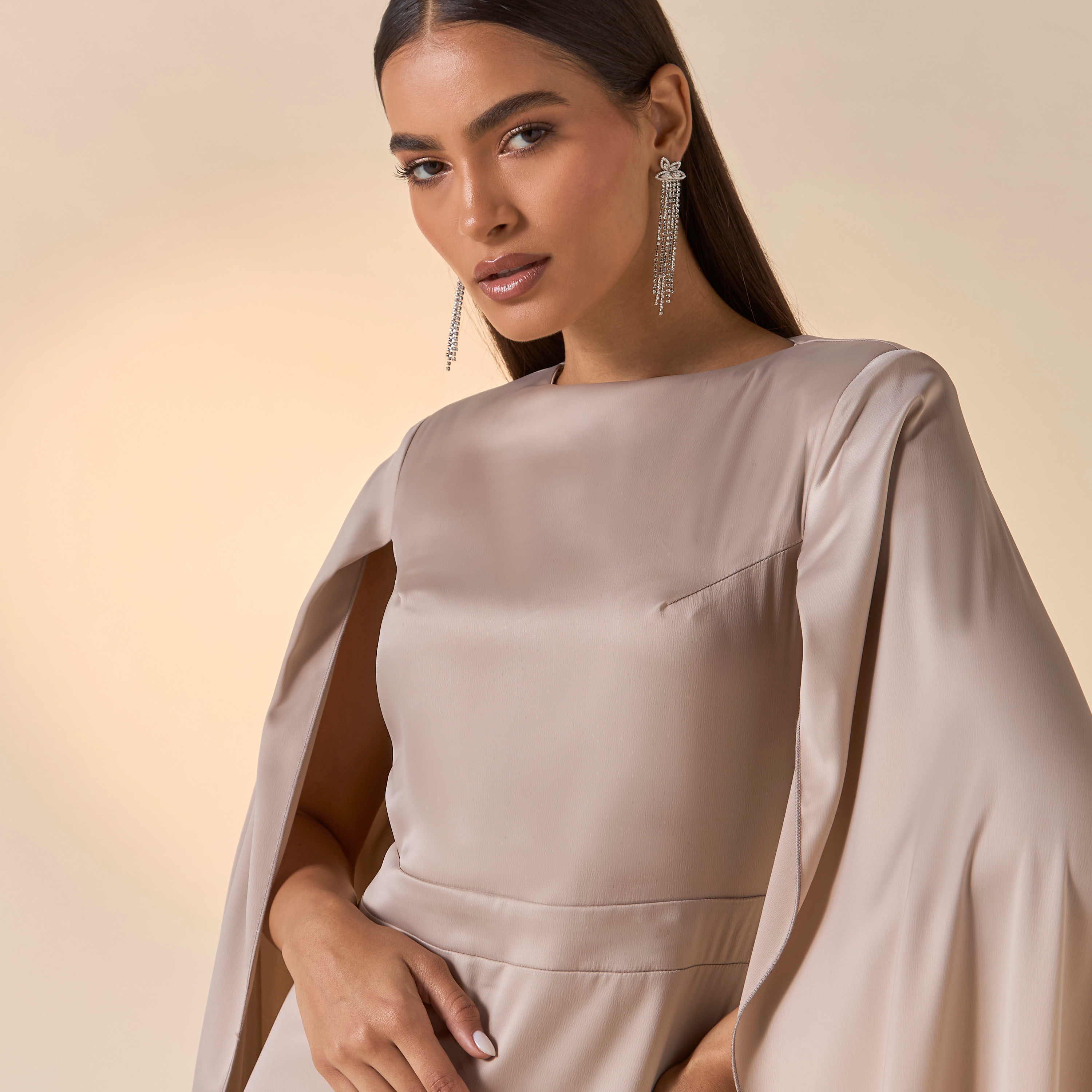 FYOR Solid Round Neck Dress with Cape Sleeves-women-clothing-dresses-image-4