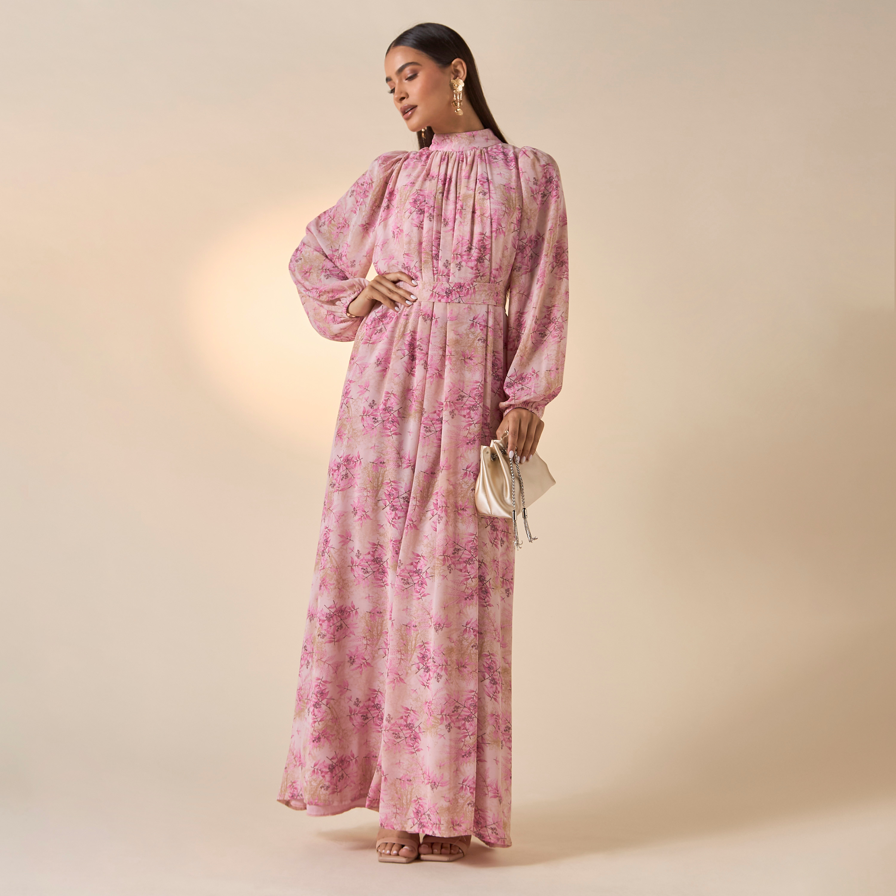 FYOR All-Over Leaf Print High Neck Dress with Volume Sleeves and Tie-Up Belt-women-clothing-dresses-image-1