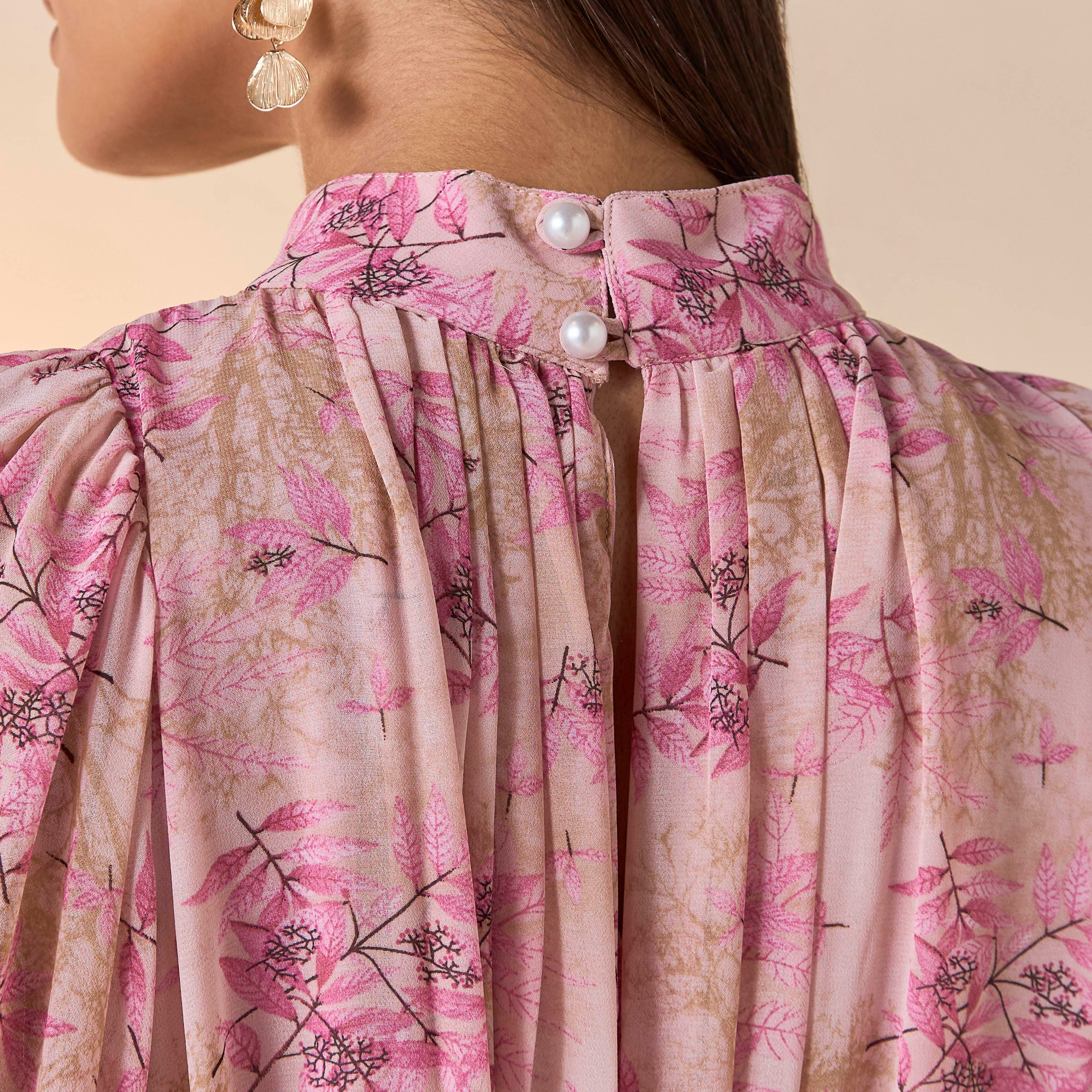 فستان بياقة عالية وأكمام منفوخة وحزام ربط وطبعات من فيور-women-clothing-dresses-image-5