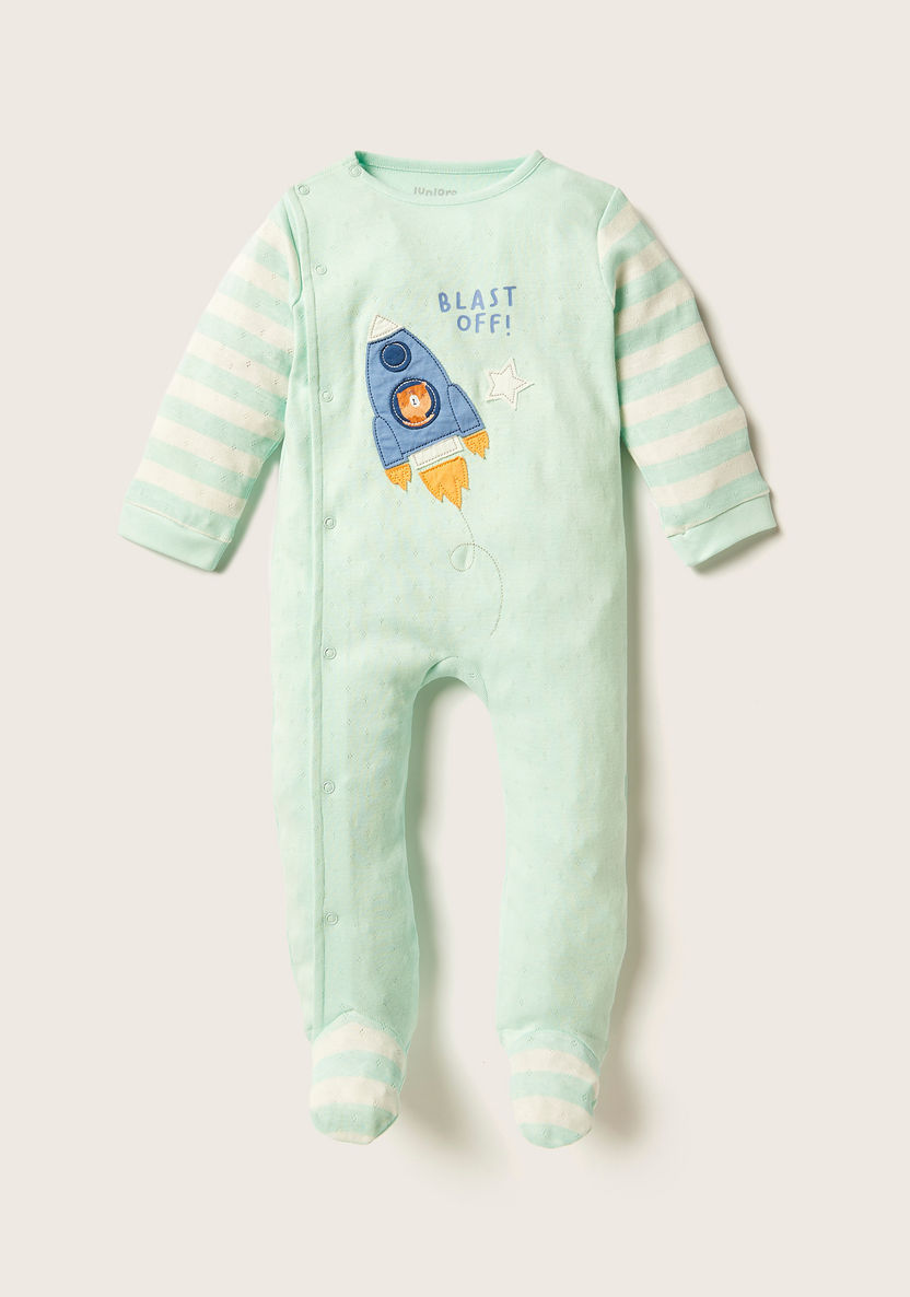 Juniors Printed Closed Feet Sleepsuit with Long Sleeves and Embroidered Detail-Sleepsuits-image-0