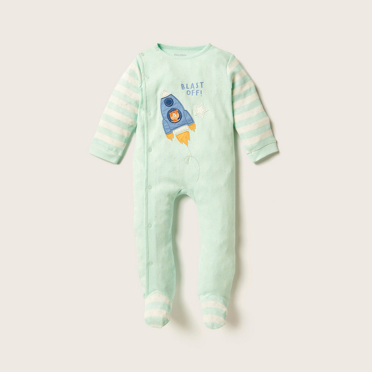 Juniors Printed Closed Feet Sleepsuit with Long Sleeves and Embroidered Detail