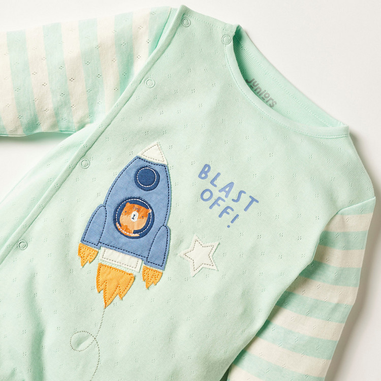 Juniors Printed Closed Feet Sleepsuit with Long Sleeves and Embroidered Detail