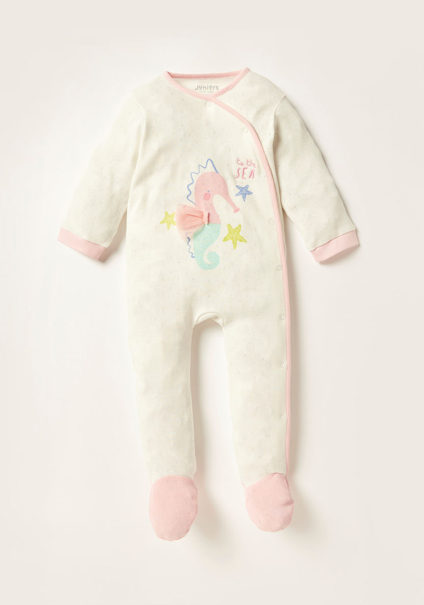 Juniors Printed Closed Feet Sleepsuit with Long Sleeves and Embroidered Detail-Sleepsuits-image-0