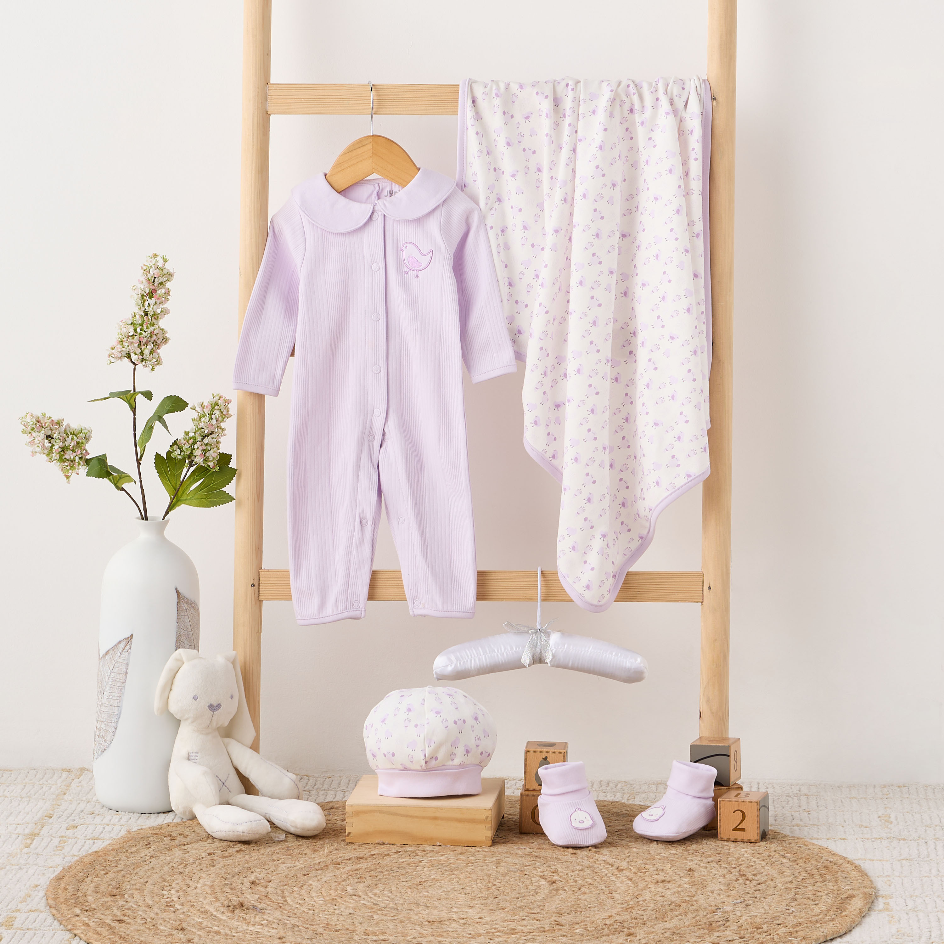 Juniors 5-Piece Girls Gift Set - Cotton - Sleepsuit, Blanket, Beanie Cap - Bird Print-baby-girls-clothing-setsandcoords-image-10