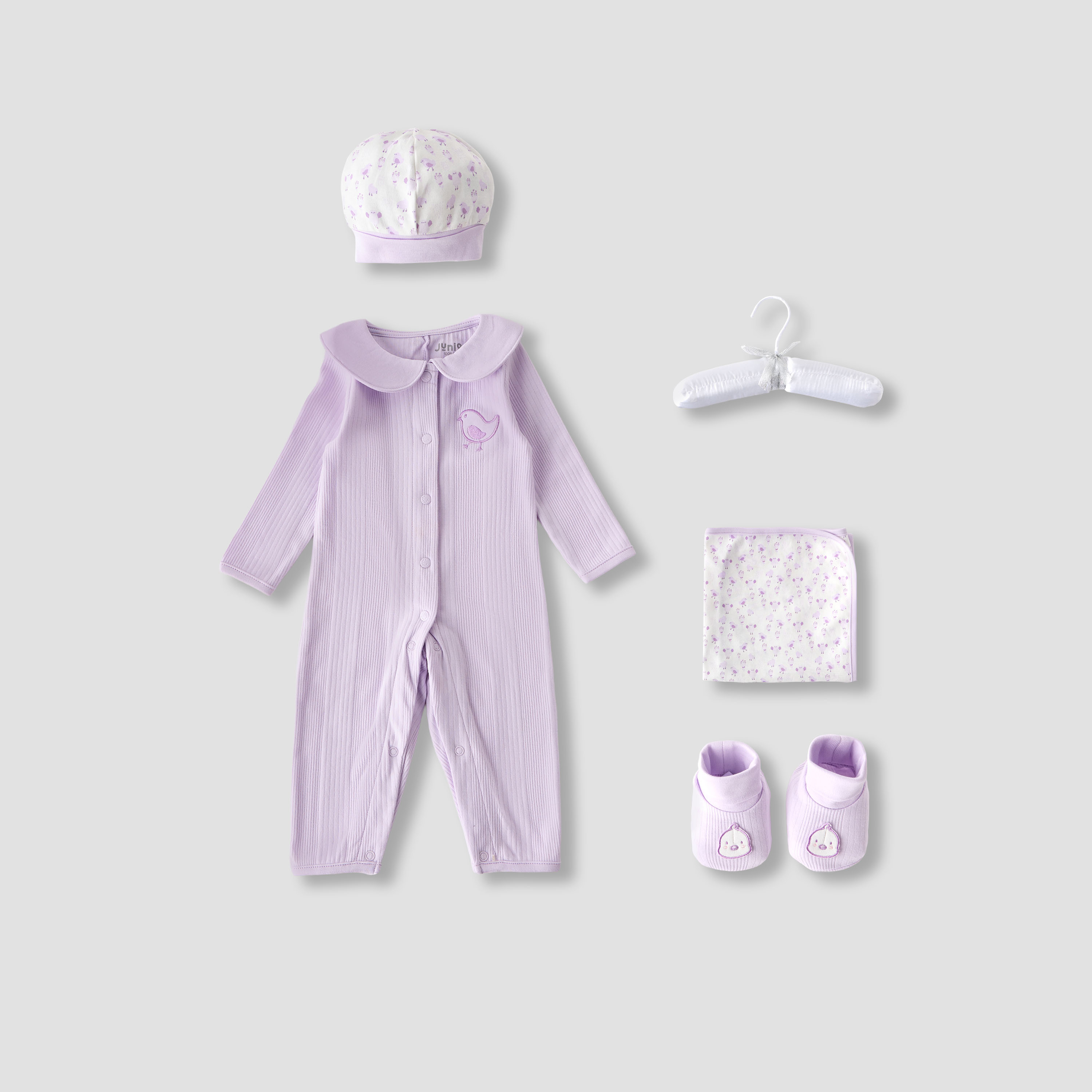 Juniors 5-Piece Girls Gift Set - Cotton - Sleepsuit, Blanket, Beanie Cap - Bird Print-baby-girls-clothing-setsandcoords-image-2