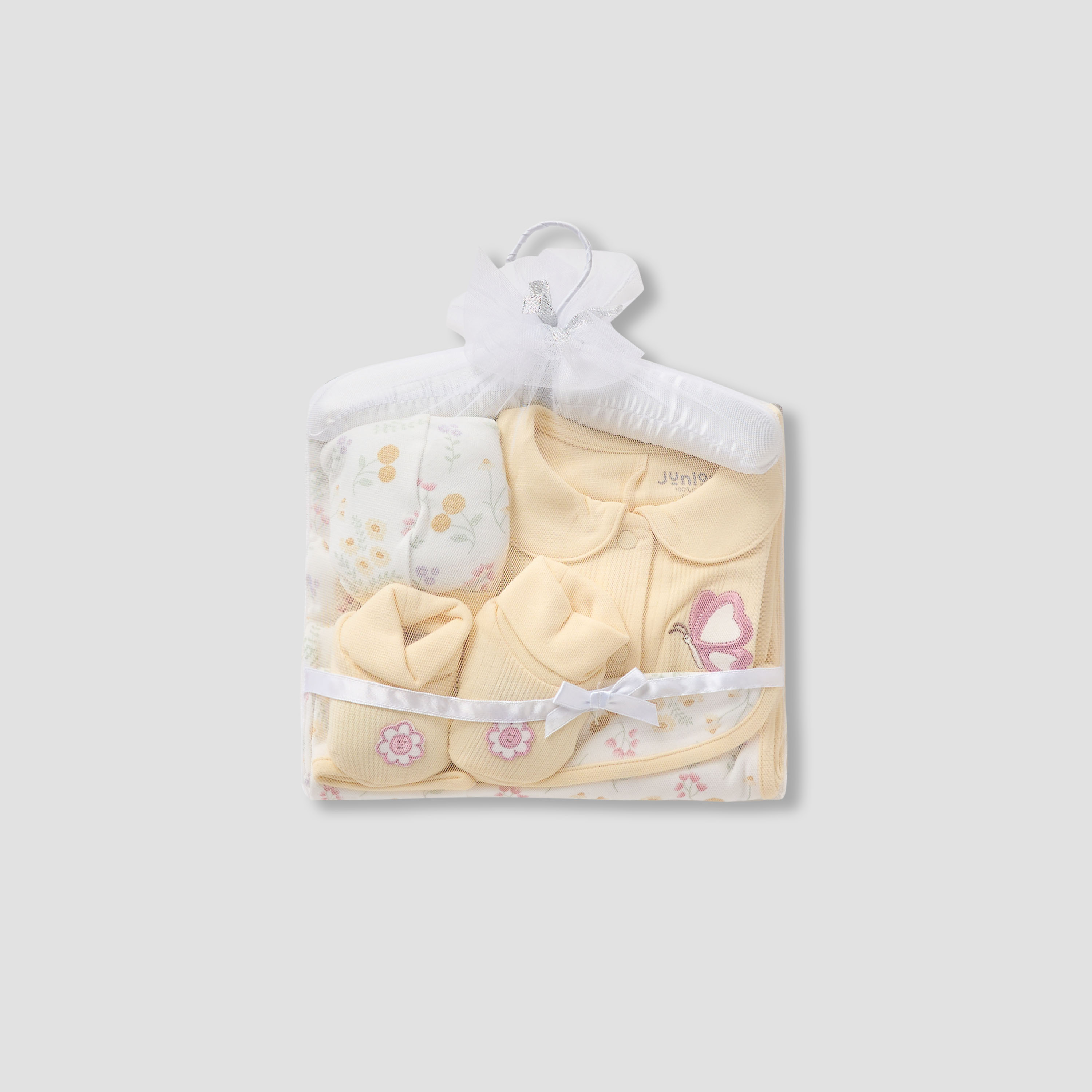 Juniors 5-Piece Girls Gift Set - Cotton - Sleepsuit, Blanket, Beanie, Hanger, Booties - Floral Print-baby-girls-clothing-setsandcoords-image-1