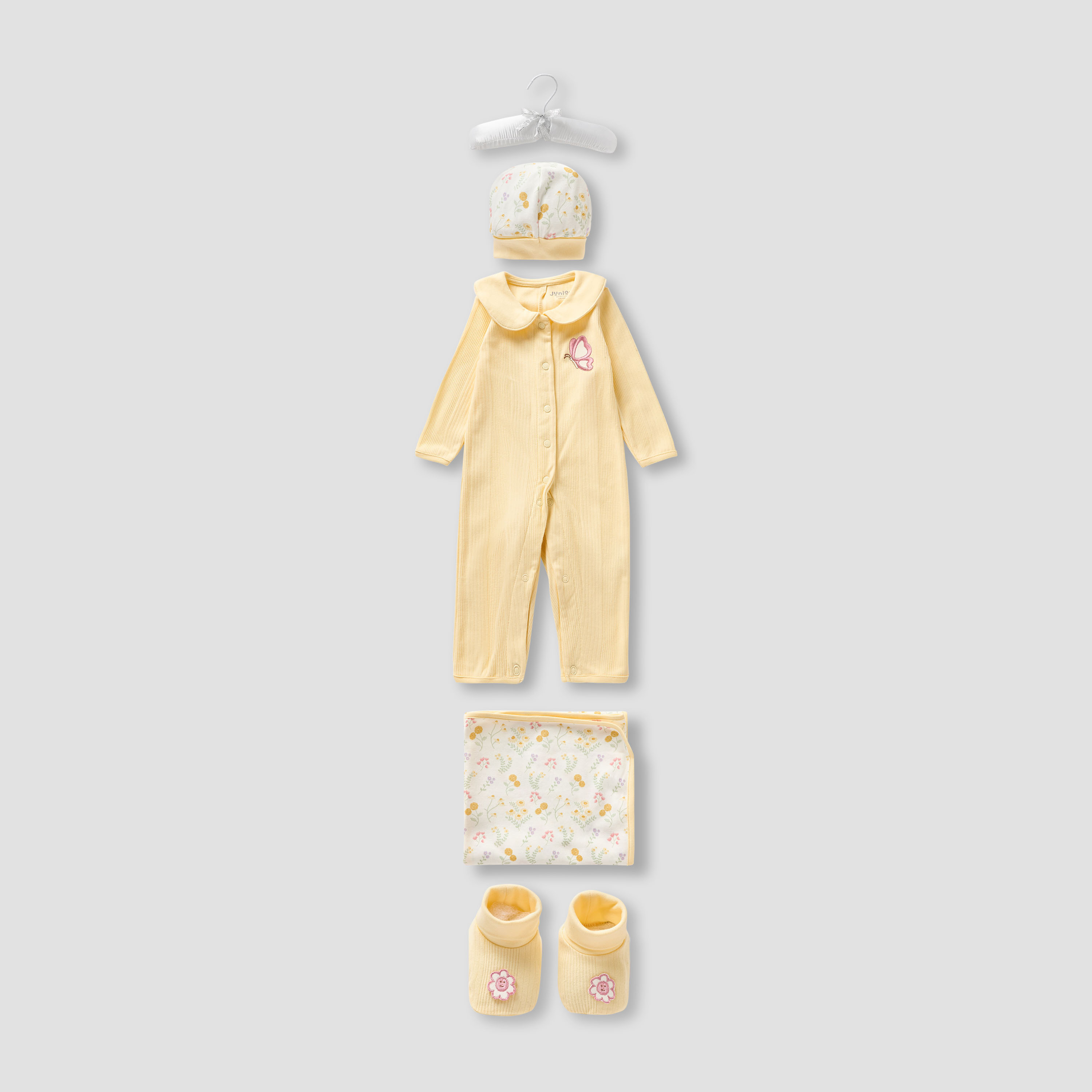 Juniors 5-Piece Girls Gift Set - Cotton - Sleepsuit, Blanket, Beanie, Hanger, Booties - Floral Print-baby-girls-clothing-setsandcoords-image-2